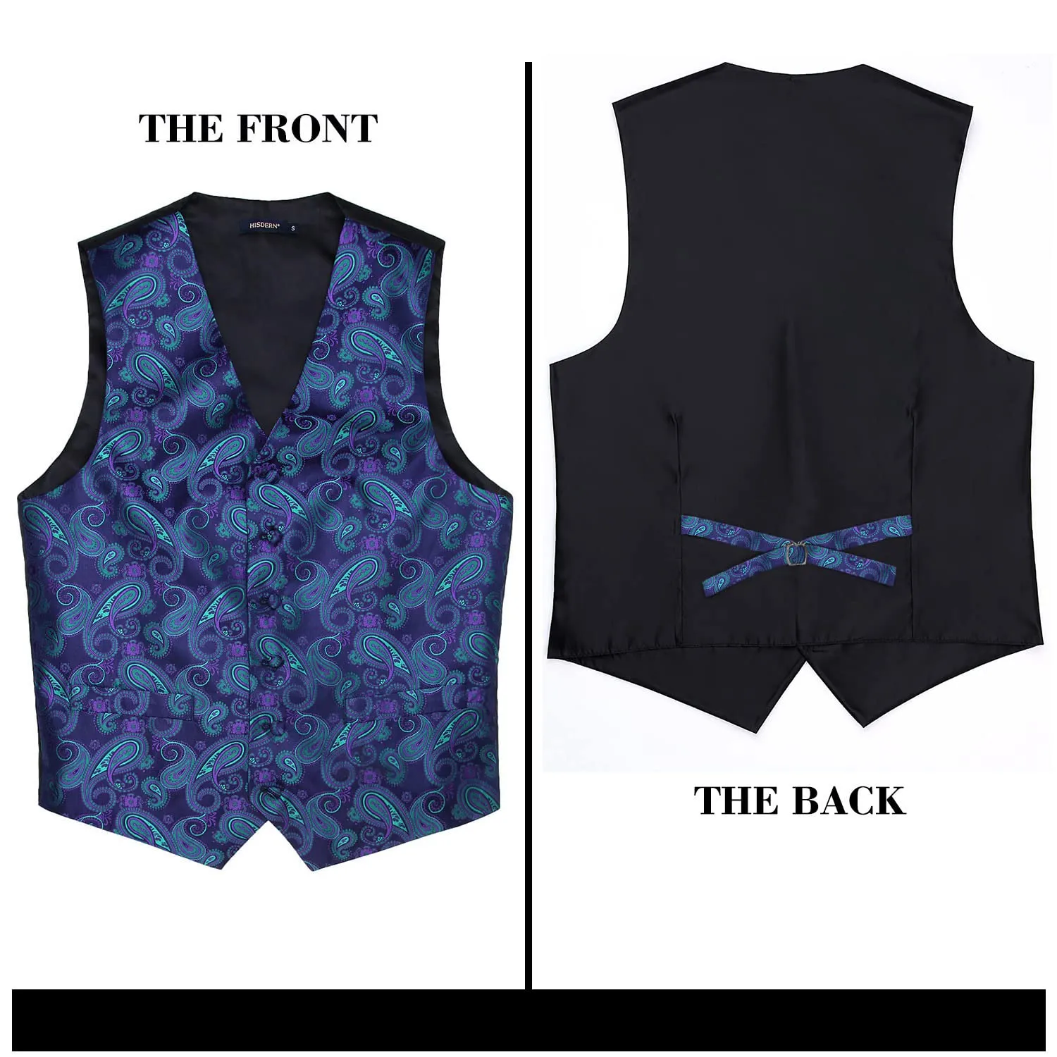 HISDERN Paisley Jacquard Gilet, Cravatta e Fazzoletto da Taschino Set - Viola e Verde - XL - immagine 5