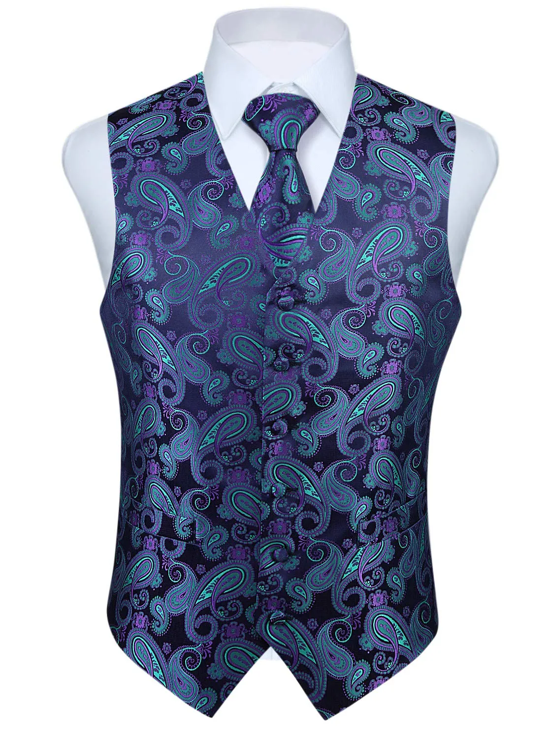 HISDERN Paisley Jacquard Gilet, Cravatta e Fazzoletto da Taschino Set - Viola e Verde - XL - immagine 8