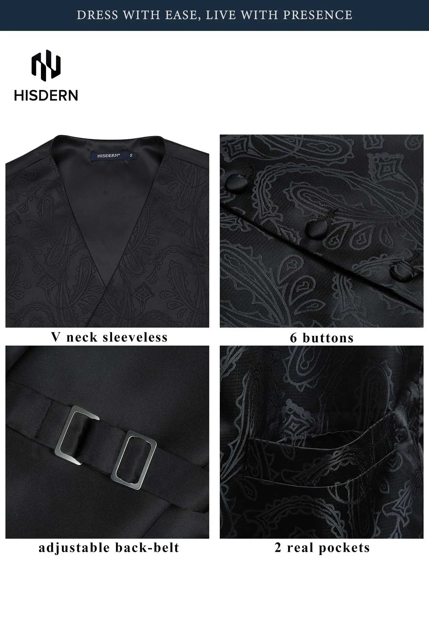 HISDERN Paisley Jacquard Gilet, Tie and Pocket Square Set, Black-3, L - immagine 2