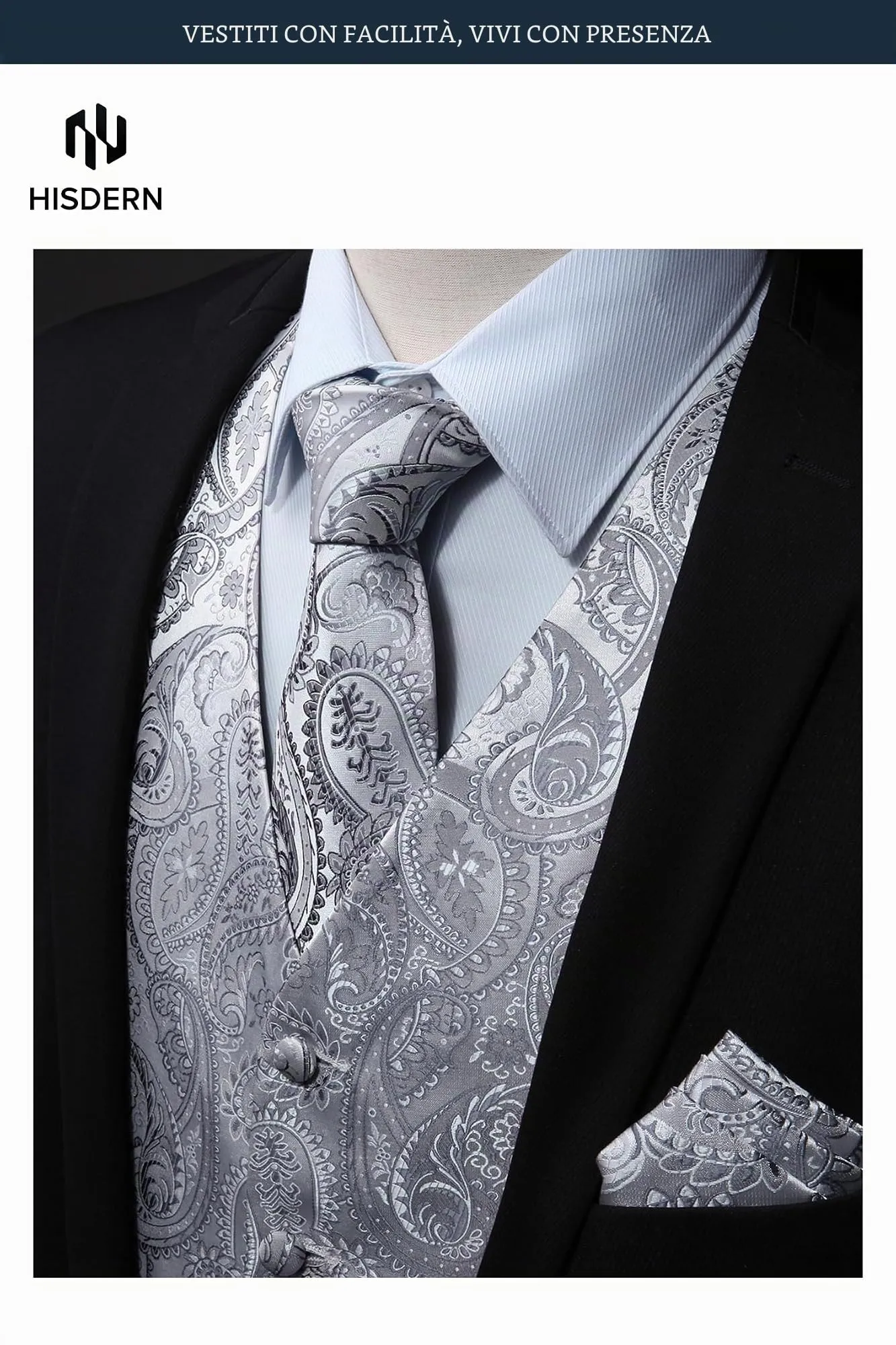 HISDERN Paisley Jacquard Gilet, Cravatta e Fazzoletto da Taschino Set - Grigio - 4XL - immagine 2