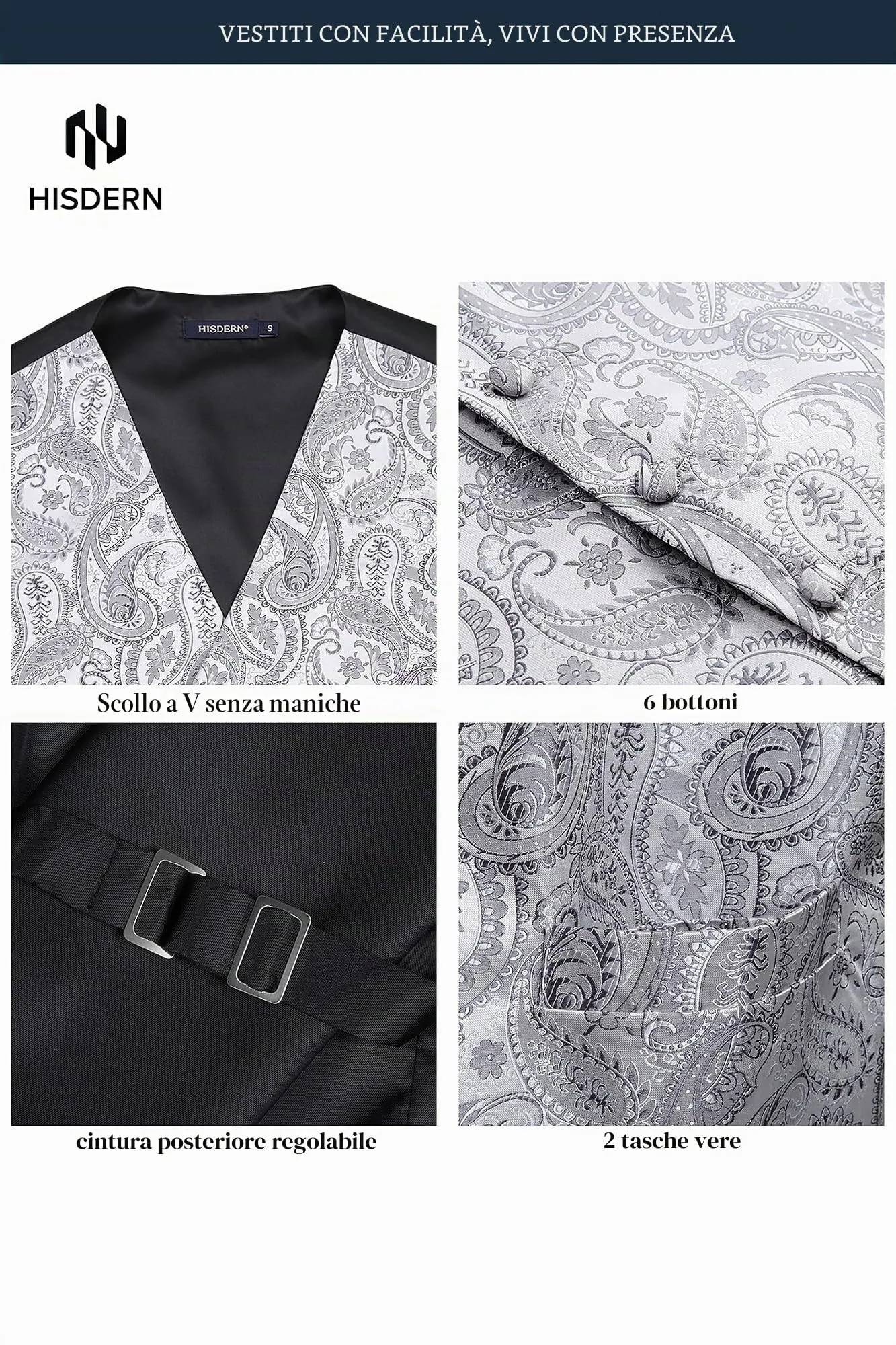 HISDERN Paisley Jacquard Gilet, Cravatta e Fazzoletto da Taschino Set - Grigio - 4XL - immagine 4