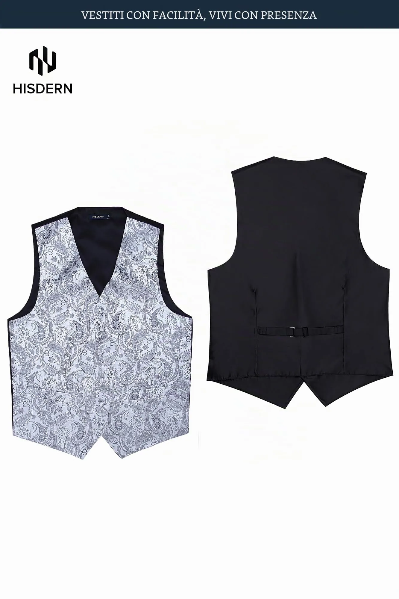 HISDERN Paisley Jacquard Gilet, Cravatta e Fazzoletto da Taschino Set - Grigio - 4XL - immagine 7