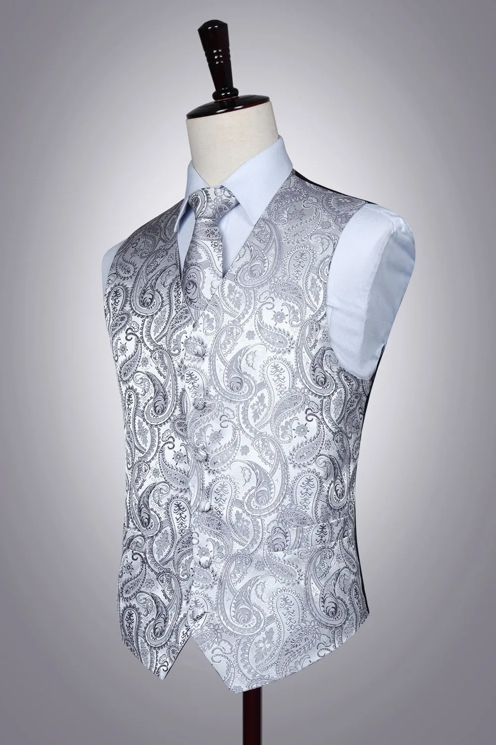 HISDERN Paisley Jacquard Gilet, Cravatta e Fazzoletto da Taschino Set - Grigio - 4XL - immagine 8