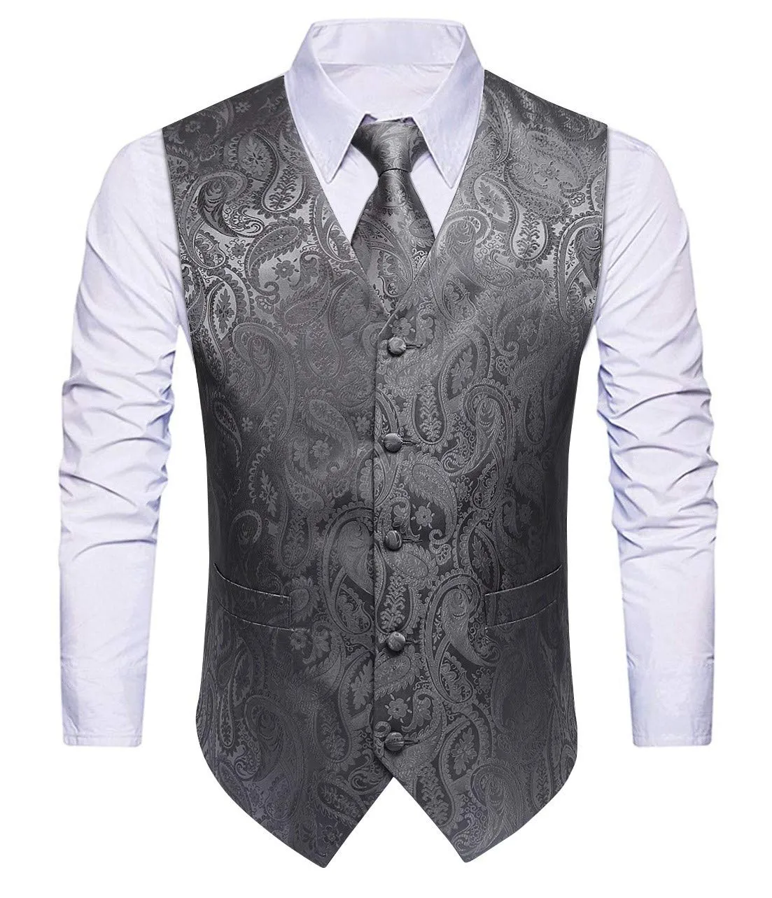 HISDERN Paisley Jacquard Gilet, Cravatta e Fazzoletto da Taschino Set - Grigio, M - immagine 1