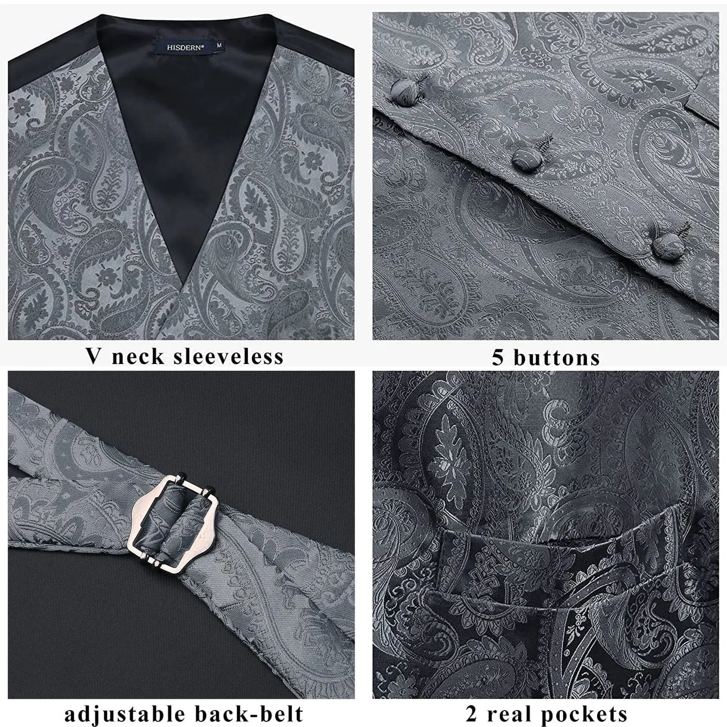 HISDERN Paisley Jacquard Gilet, Cravatta e Fazzoletto da Taschino Set - Grigio, M - immagine 5