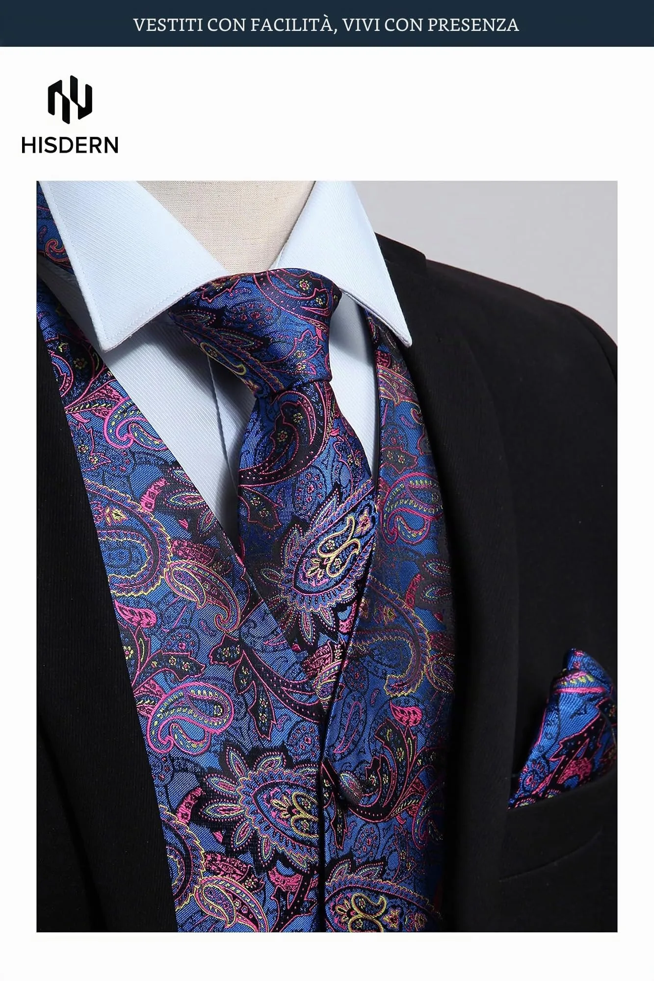 HISDERN Paisley Jacquard Gilet, Cravatta e Fazzoletto da Taschino Set - Blu e Rosa, 4XL - immagine 2