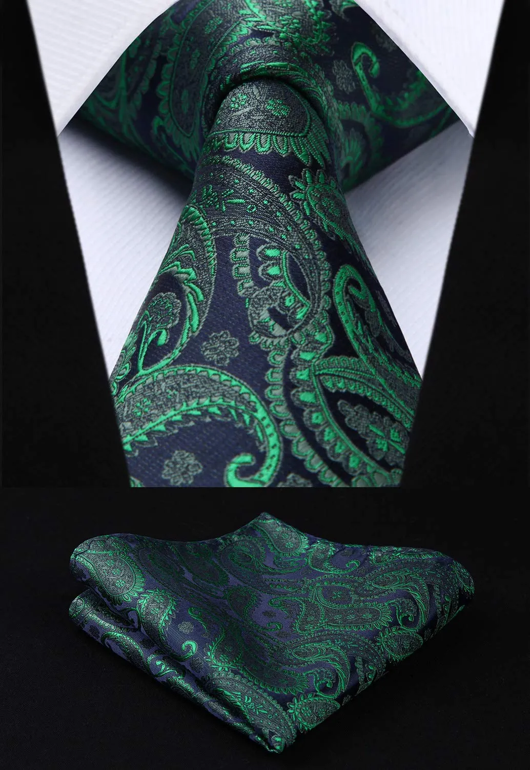 HISDERN Paisley Jacquard Gilet, Cravatta e Fazzoletto da Taschino Set - Verde e Viola, L - immagine 7