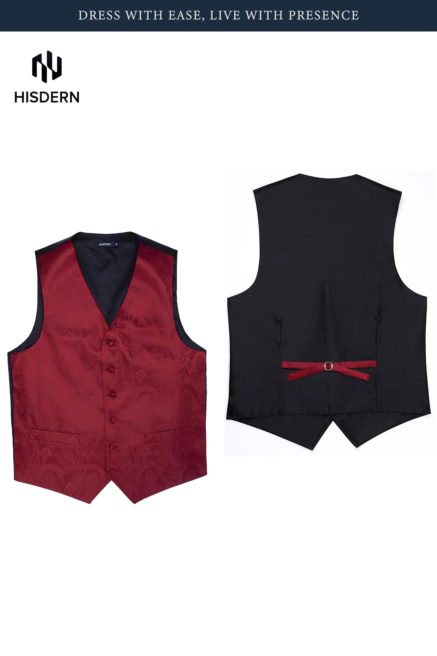 HISDERN Paisley Jacquard Gilet, Cravatta e Fazzoletto da Taschino Set - Borgogna 3XL - immagine 6