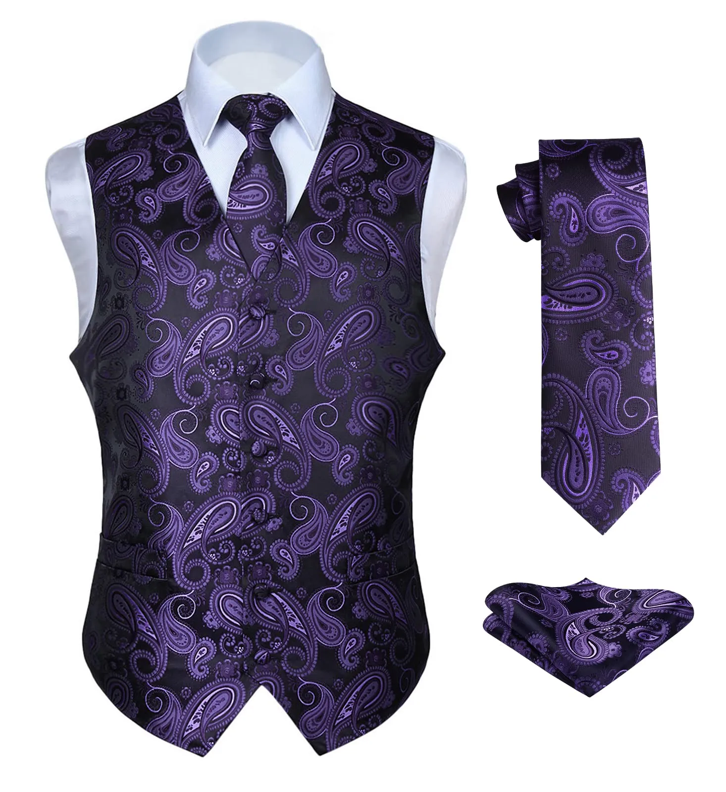 HISDERN Paisley Jacquard Gilet, Cravatta e Fazzoletto da Taschino Set - Viola e Nero - 3XL - immagine 1