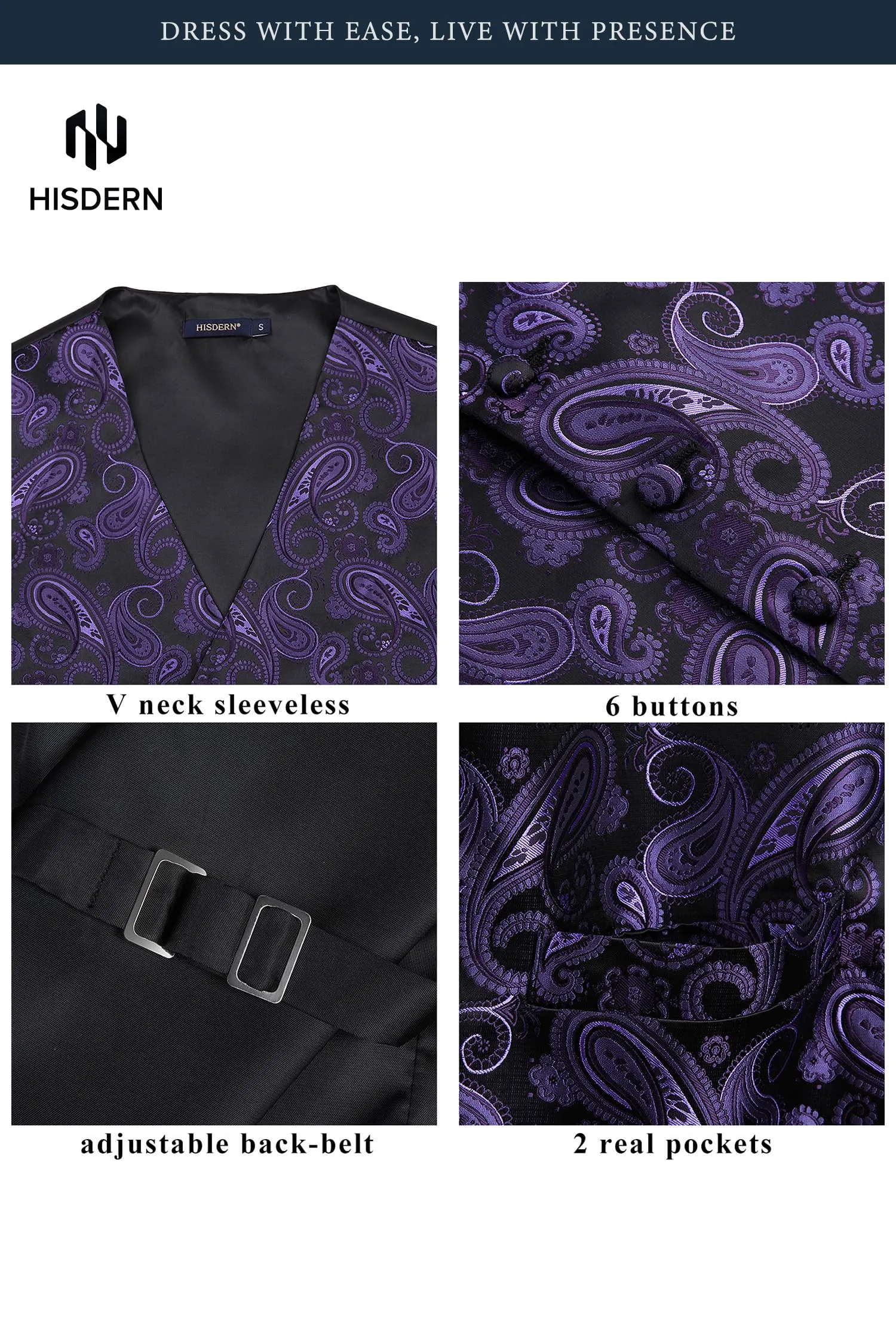 HISDERN Paisley Jacquard Gilet, Cravatta e Fazzoletto da Taschino Set - Viola e Nero - 3XL - immagine 3