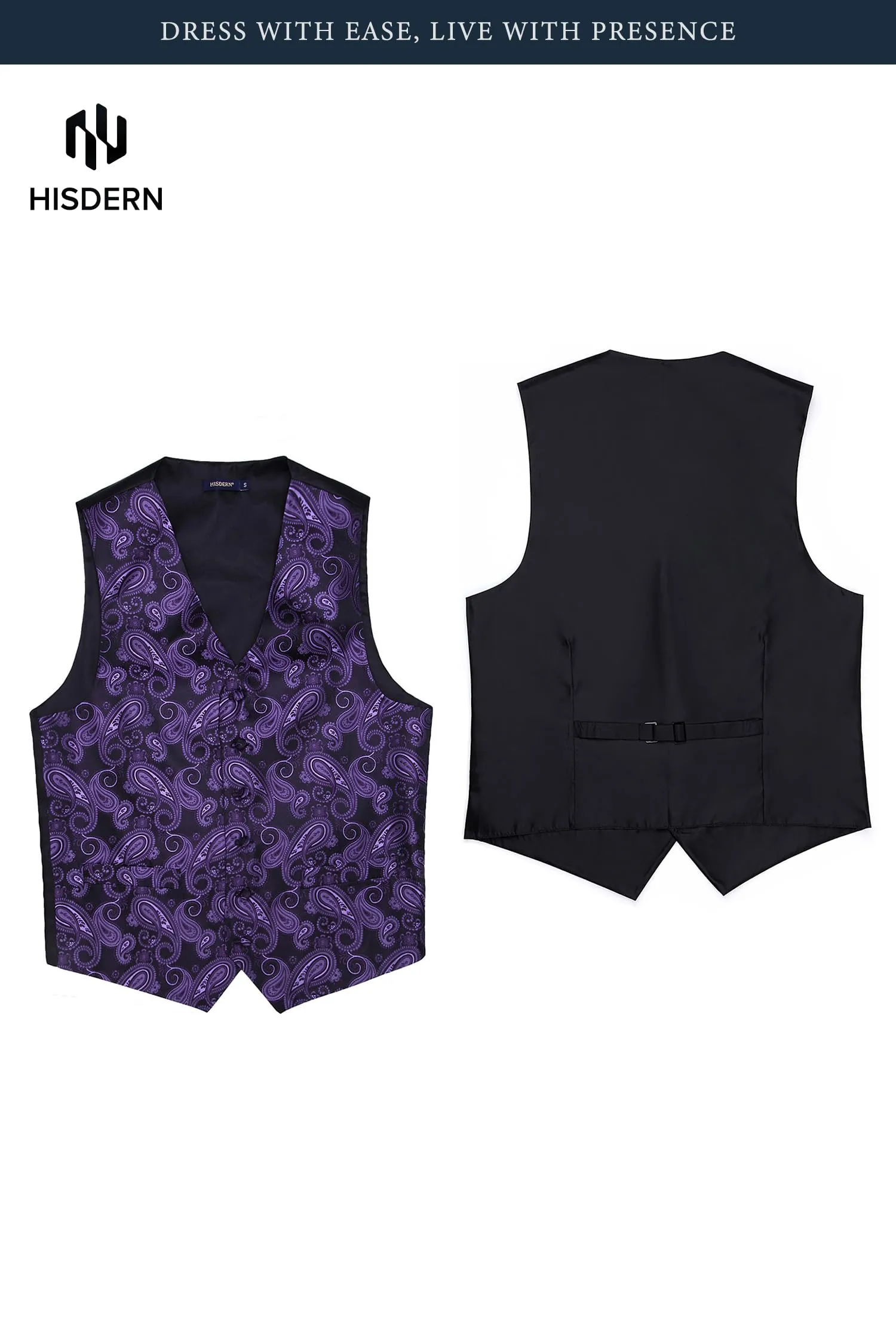 HISDERN Paisley Jacquard Gilet, Cravatta e Fazzoletto da Taschino Set - Viola e Nero - 3XL - immagine 5