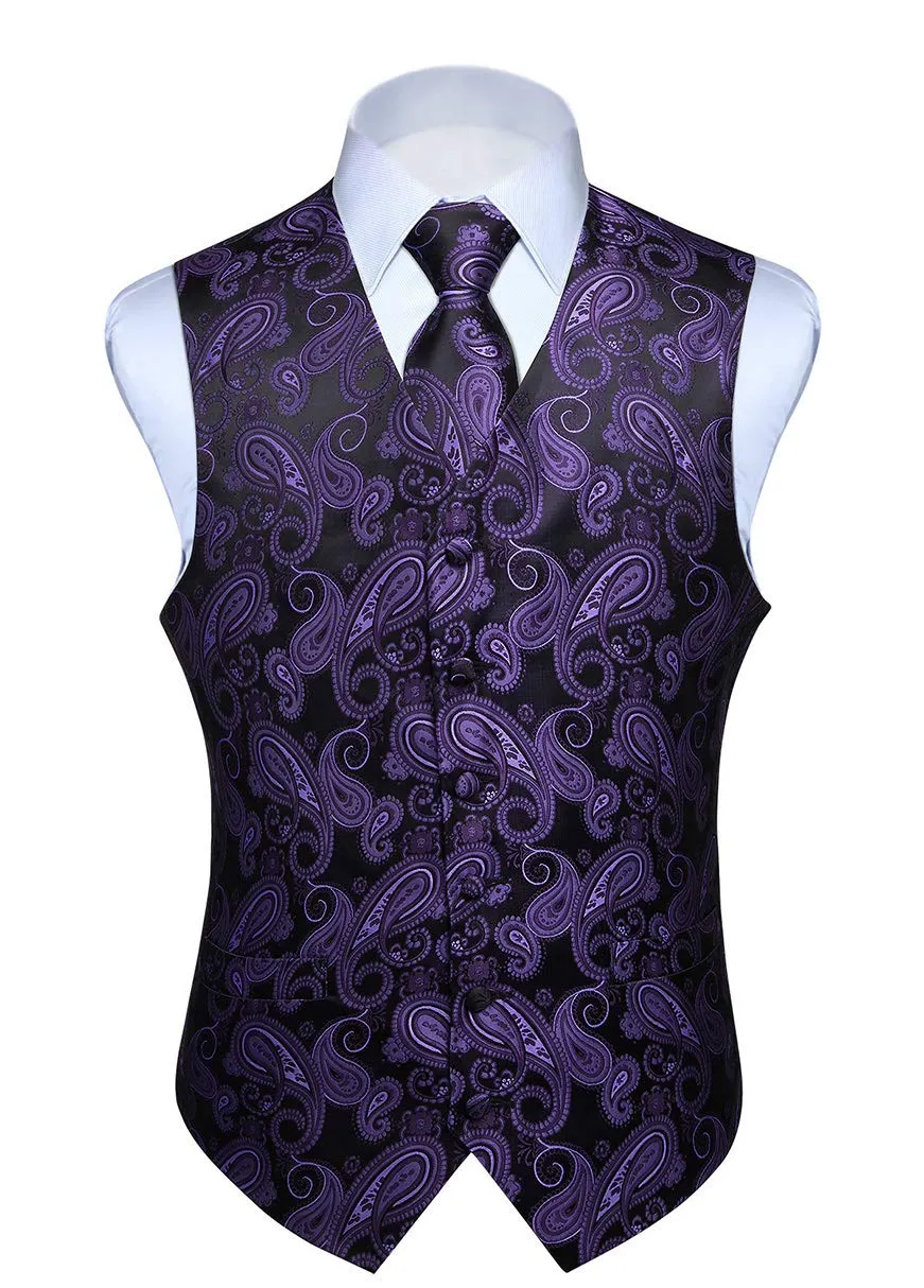 HISDERN Paisley Jacquard Gilet, Cravatta e Fazzoletto da Taschino Set - Viola e Nero - 3XL - immagine 9