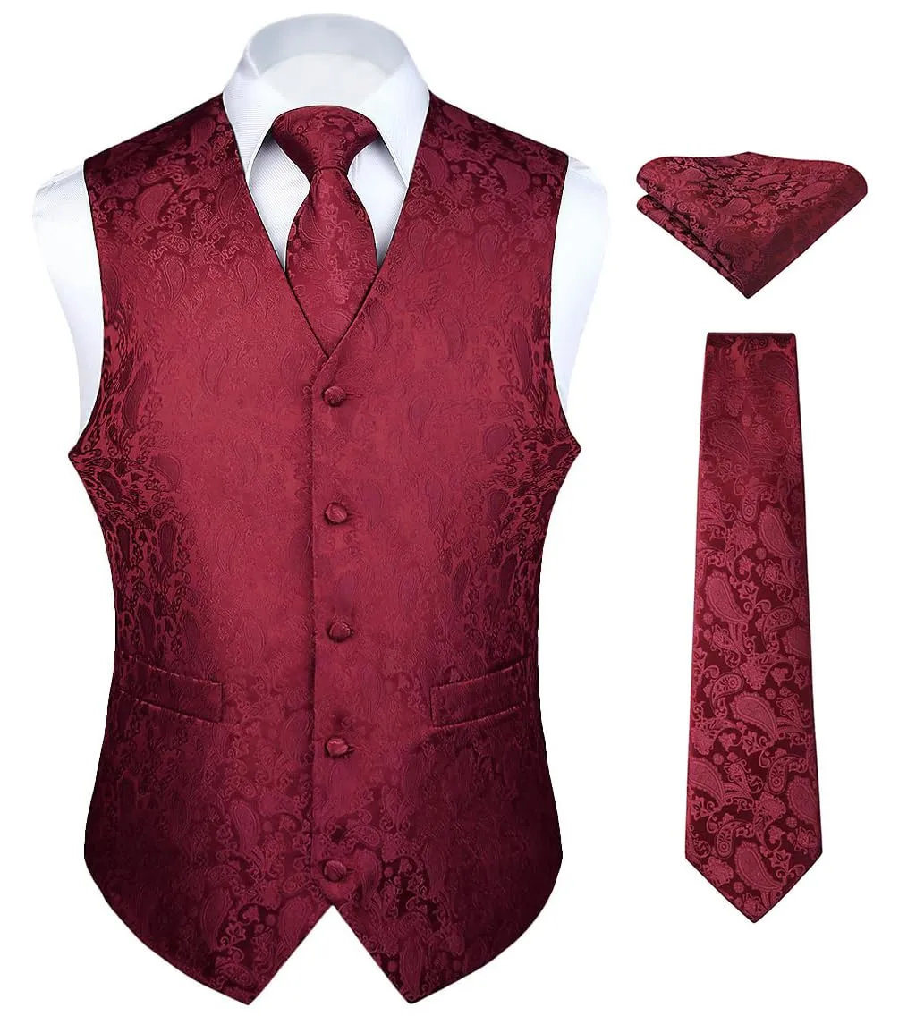 HISDERN Gilet da Uomo in Jacquard Paisley con Cravatta e Fazzoletto, Borgogna - immagine 1