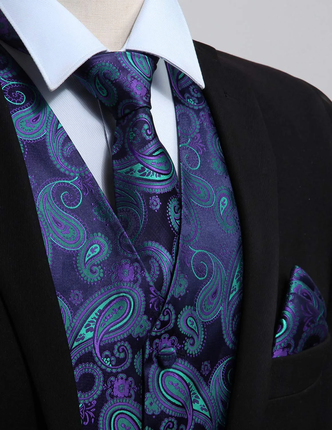 HISDERN Paisley Jacquard Gilet, Cravatta e Fazzoletto da Taschino Set - Viola e Verde - XXL - immagine 3