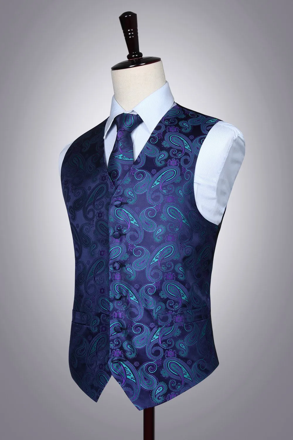 HISDERN Paisley Jacquard Gilet, Cravatta e Fazzoletto da Taschino Set - Viola e Verde - XXL - immagine 7