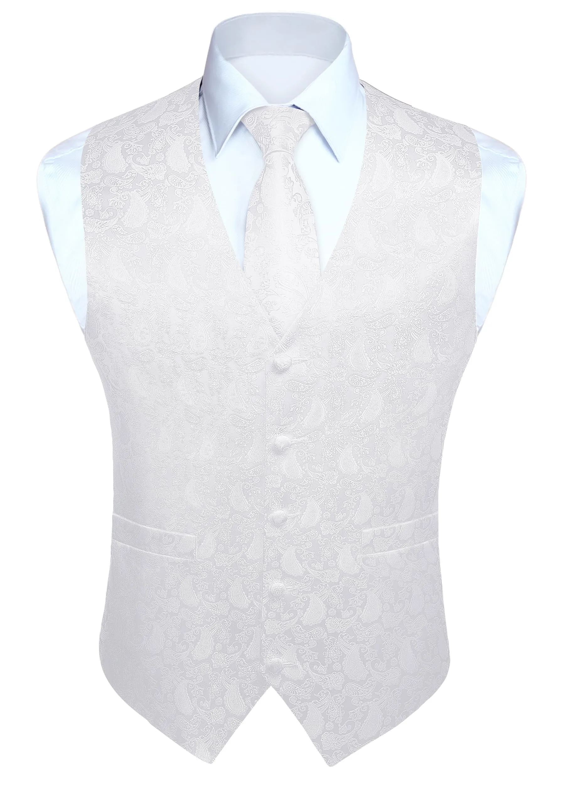 HISDERN Gilet da Uomo in Jacquard Paisley Floreale con Cravatta e Fazzoletto, Bianco - immagine 1