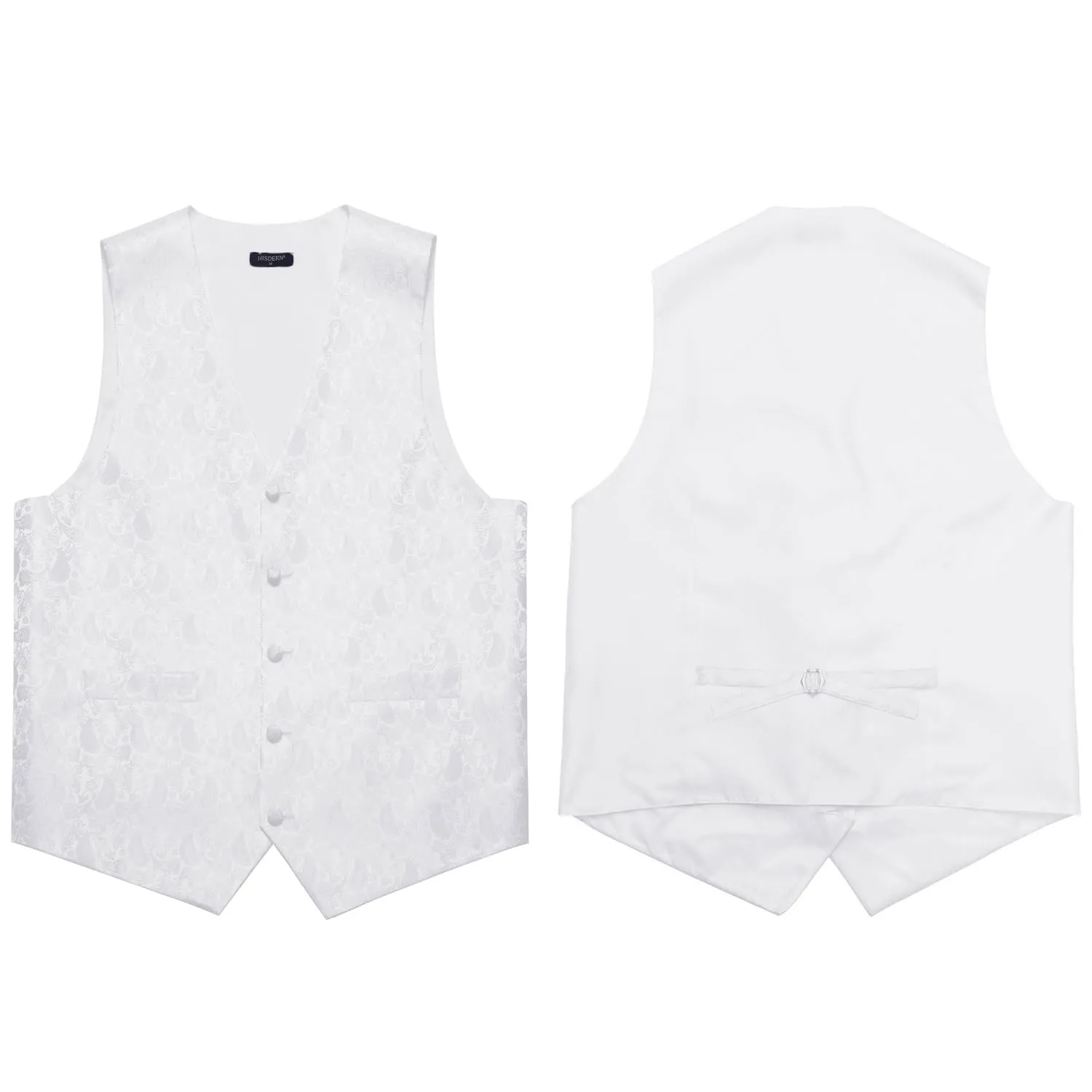 HISDERN Gilet da Uomo in Jacquard Paisley Floreale con Cravatta e Fazzoletto, Bianco - immagine 3