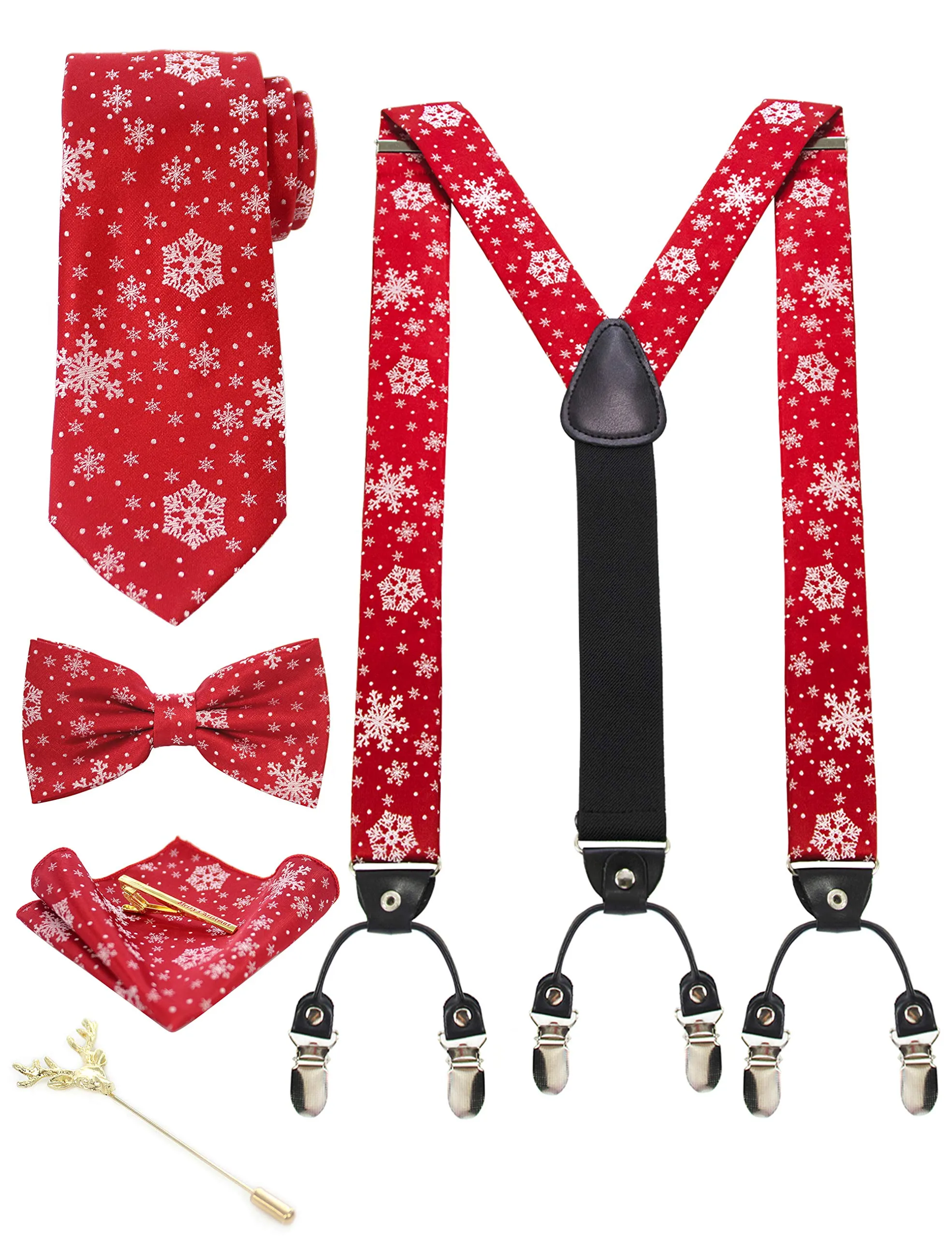 JEMYGINS Bretelle Uomo Rosso con Fiocco di Neve in Seta, Set con Cravatta e Papillon, Forma a Y, 3,5 cm - immagine 1