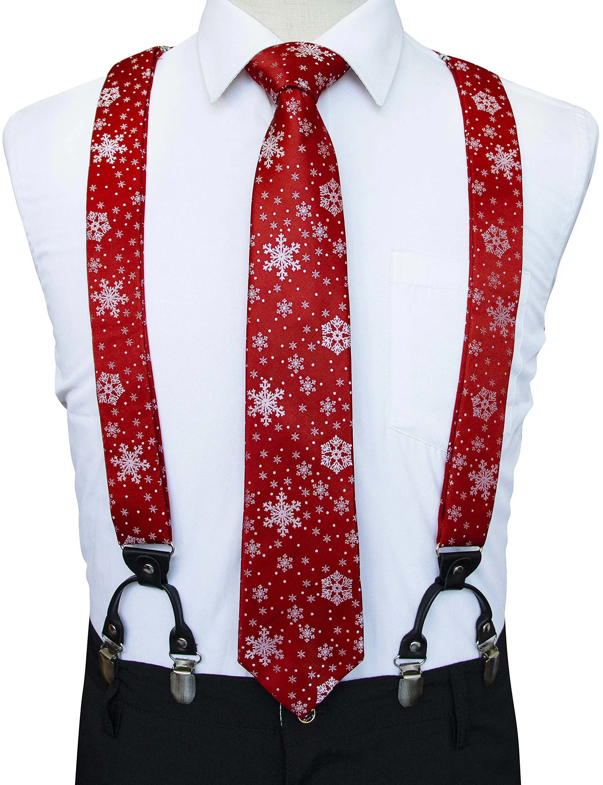 JEMYGINS Bretelle Uomo Rosso con Fiocco di Neve in Seta, Set con Cravatta e Papillon, Forma a Y, 3,5 cm - immagine 2