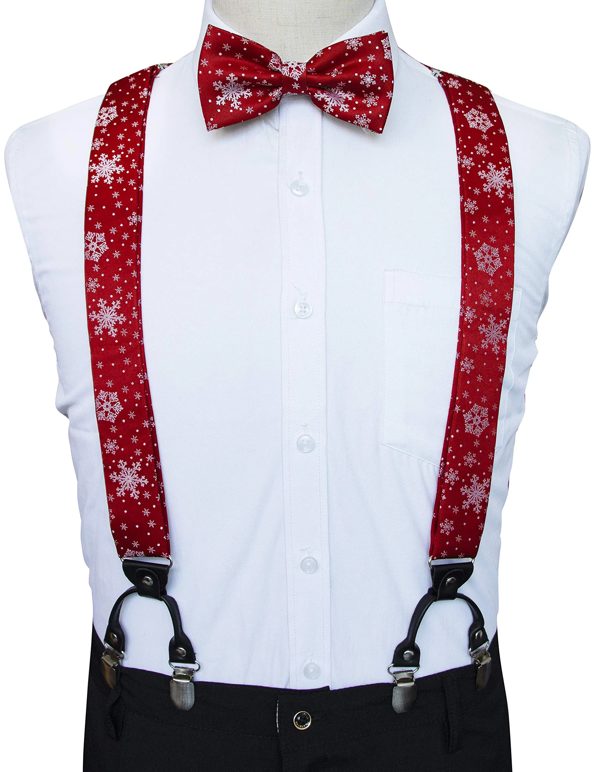 JEMYGINS Bretelle Uomo Rosso con Fiocco di Neve in Seta, Set con Cravatta e Papillon, Forma a Y, 3,5 cm - immagine 3