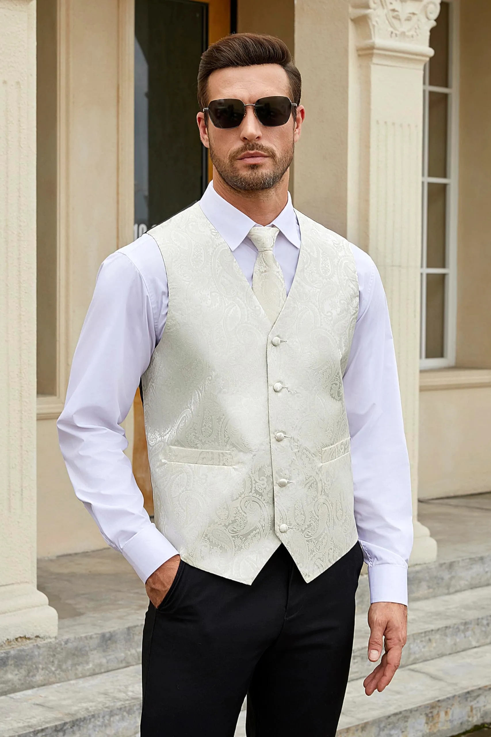 HISDERN Gilet Uomo Paisley con Cravatta e Fazzoletto da Taschino, XL - immagine 2