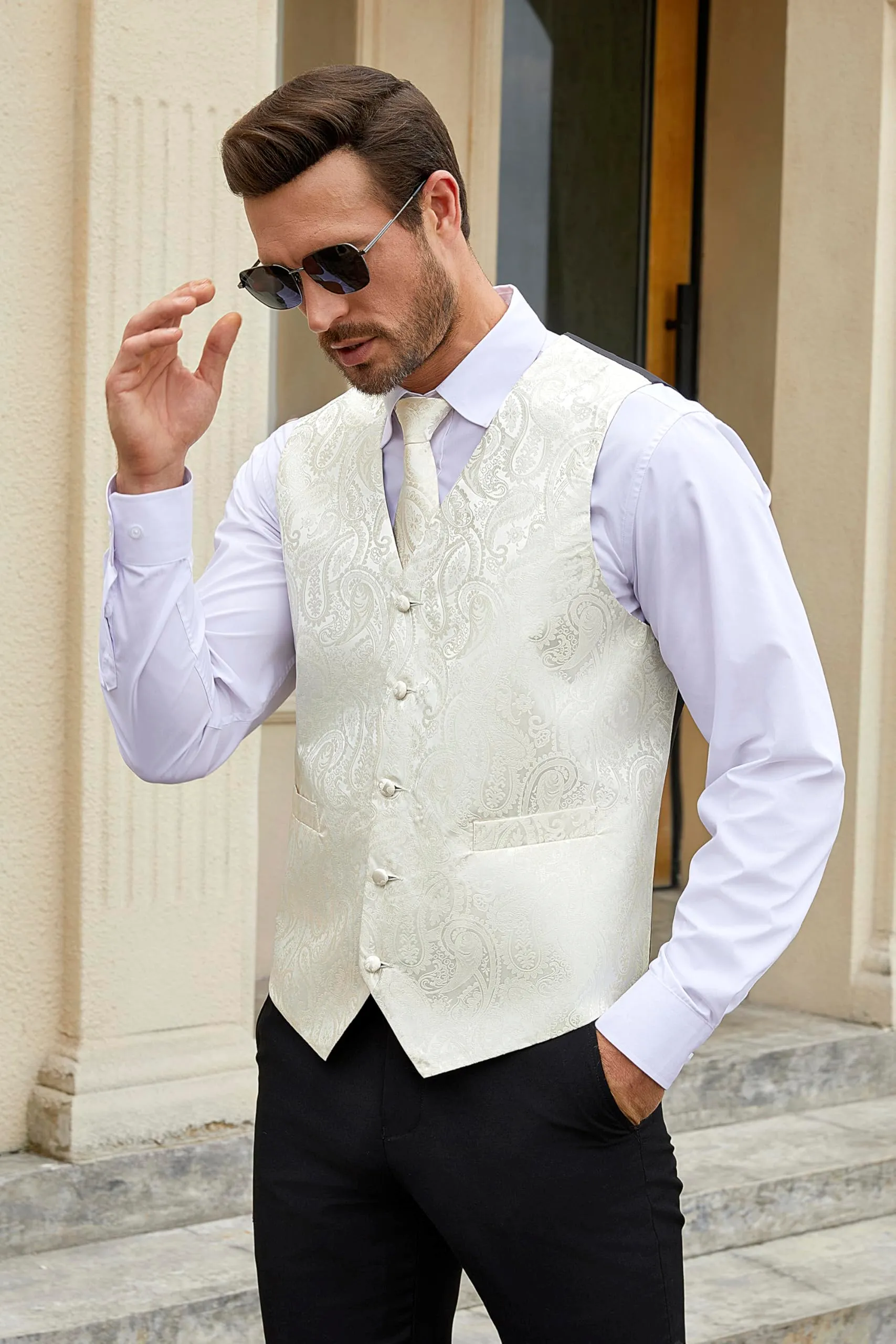 HISDERN Gilet Uomo Paisley con Cravatta e Fazzoletto da Taschino, XL - immagine 3
