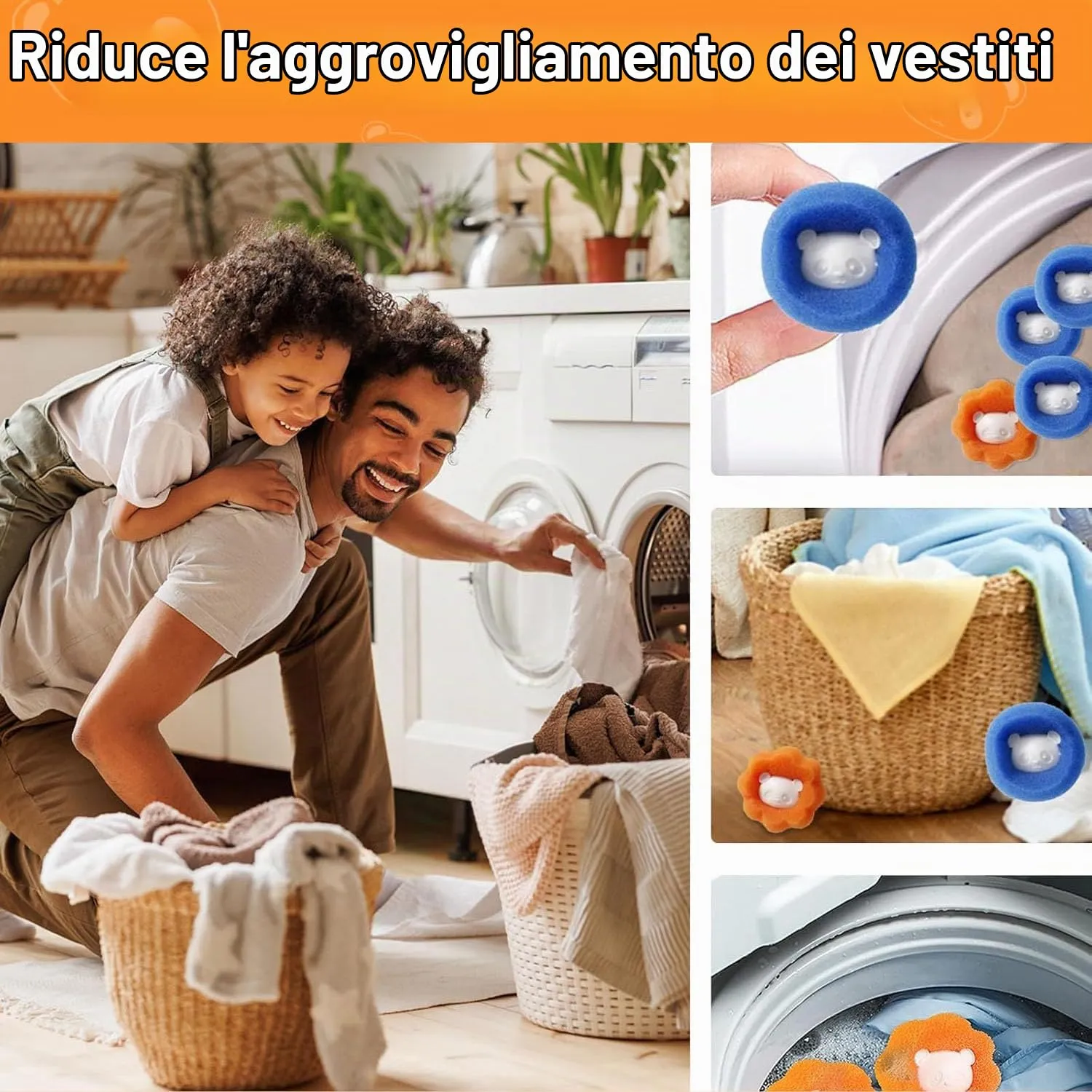 HNYGS-EU Acchiappa Capelli e Peli per Lavatrice, Sfere per Bucato Riutilizzabili, 8 Pezzi, Orange+Blue - immagine 4