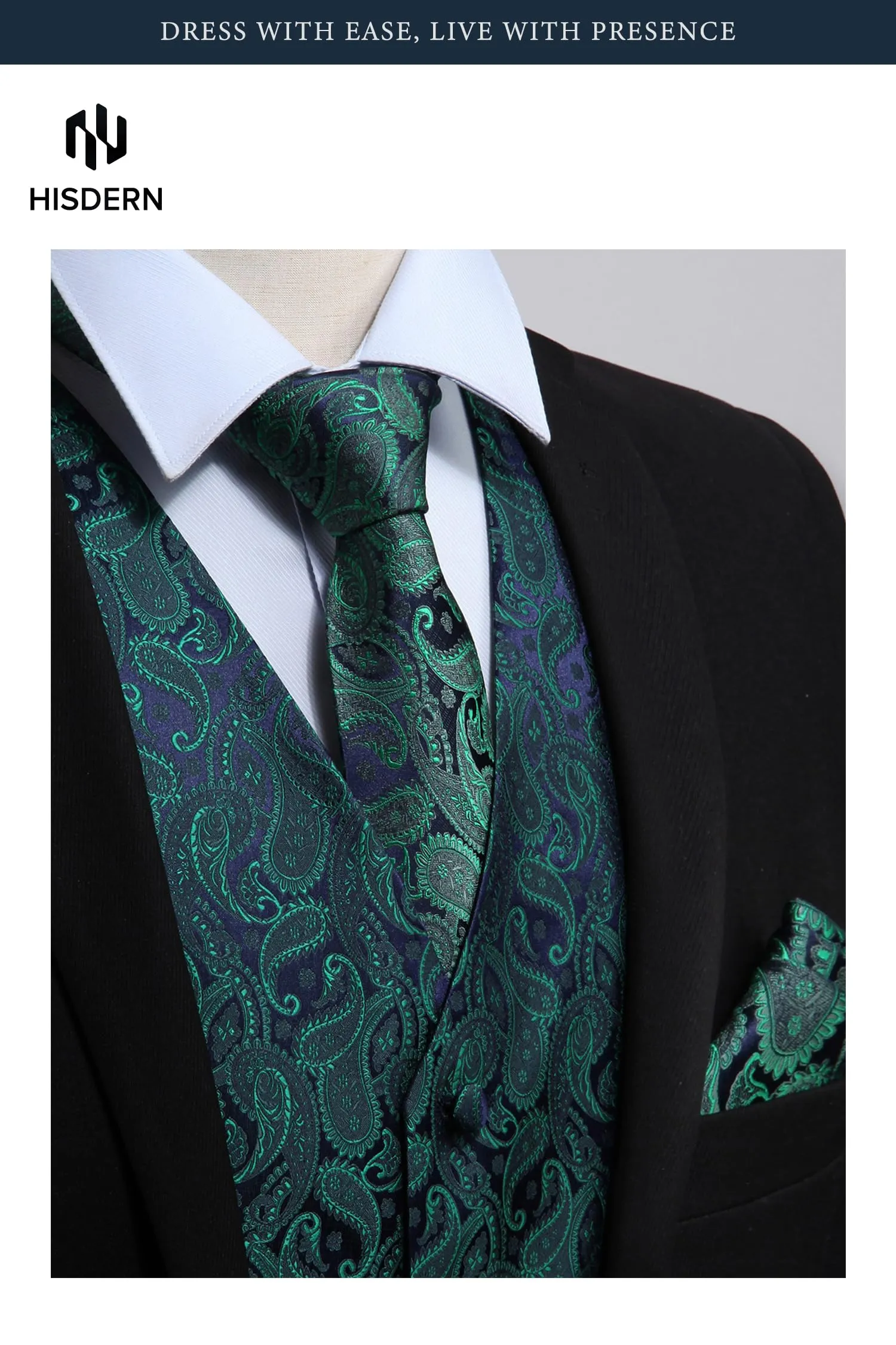 HISDERN Paisley Jacquard Gilet, Cravatta e Fazzoletto da Taschino Set, Verde e Viola, XXL - immagine 2
