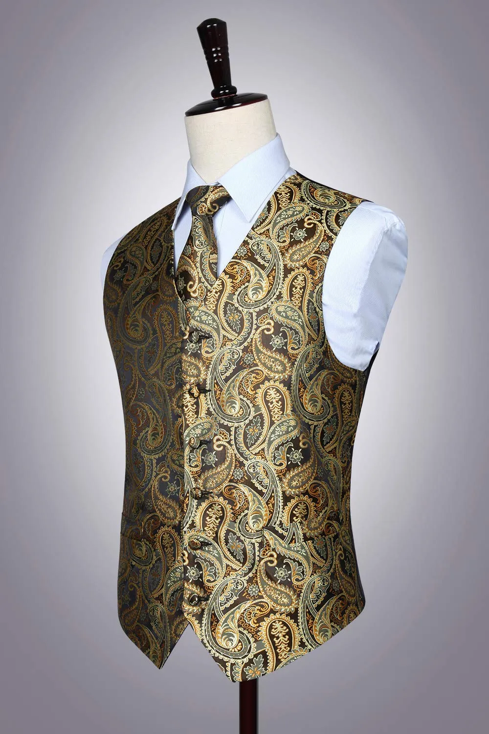 HISDERN Paisley Jacquard Gilet, Cravatta e Fazzoletto da Taschino Set - Oro, 3XL - immagine 5