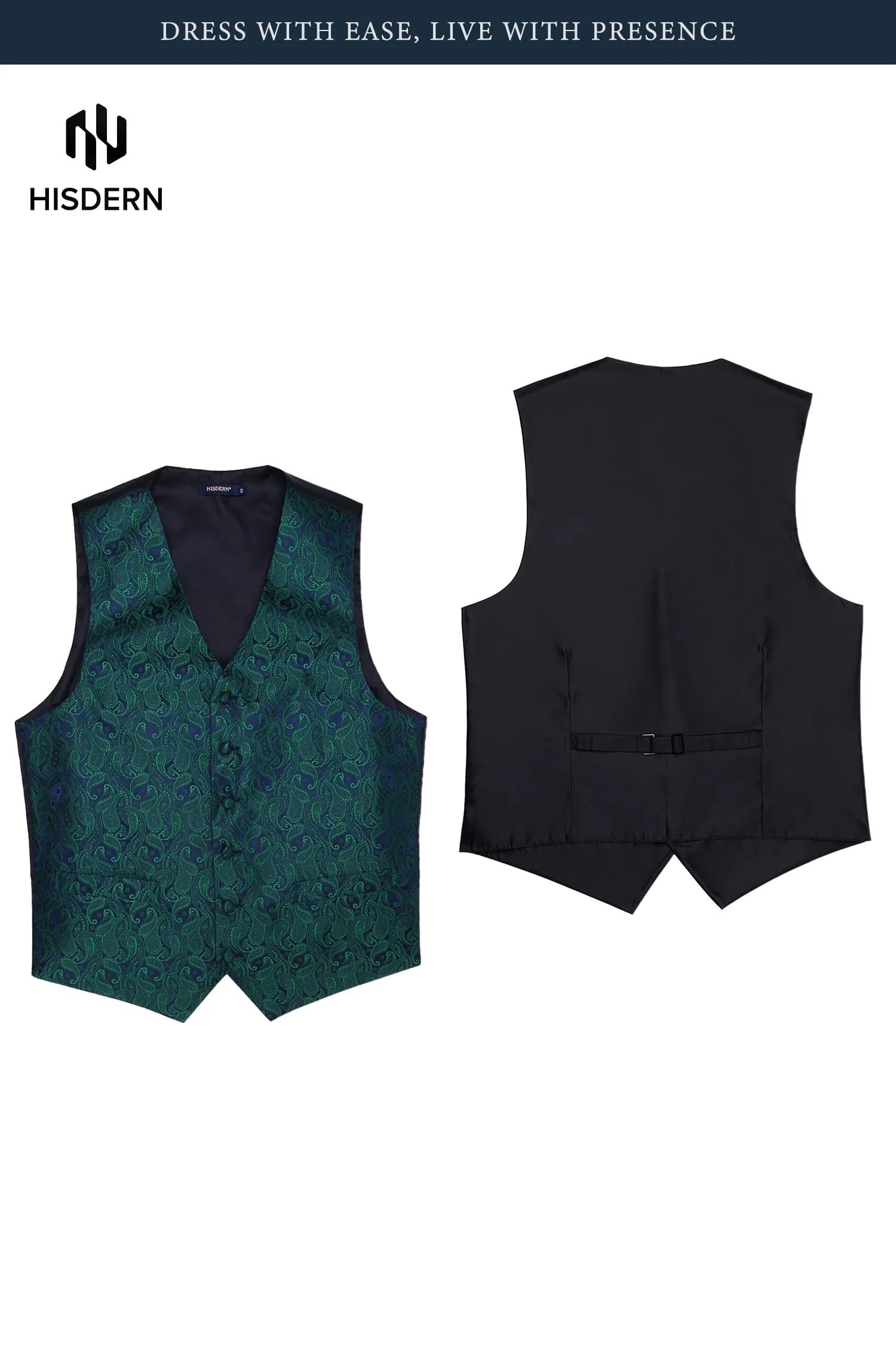 HISDERN Paisley Jacquard Gilet, Cravatta e Fazzoletto da Taschino Set - Verde e Viola - 4XL - immagine 6