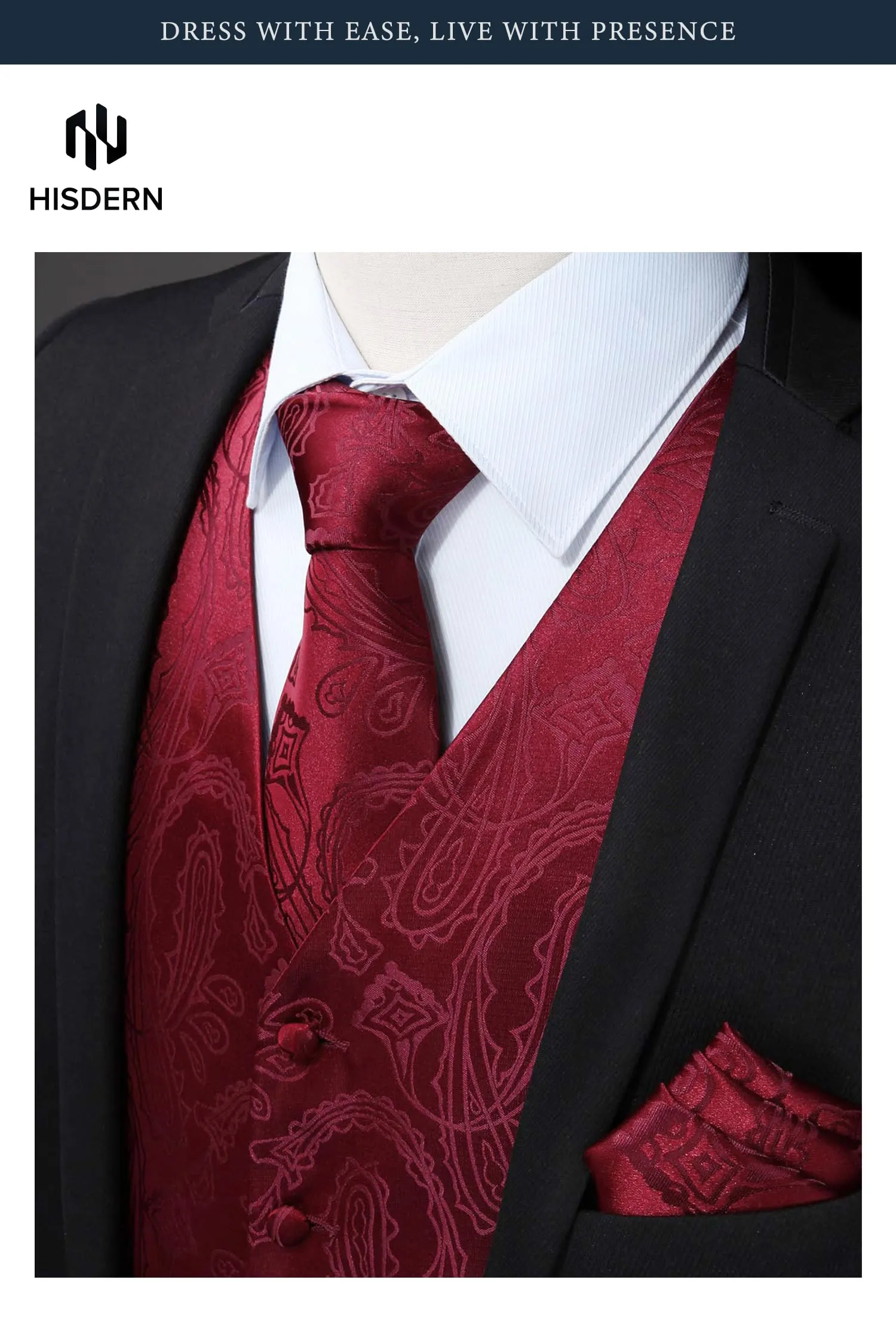 HISDERN Paisley Jacquard Gilet, Cravatta e Fazzoletto da Taschino Set - Borgogna 5XL - immagine 2