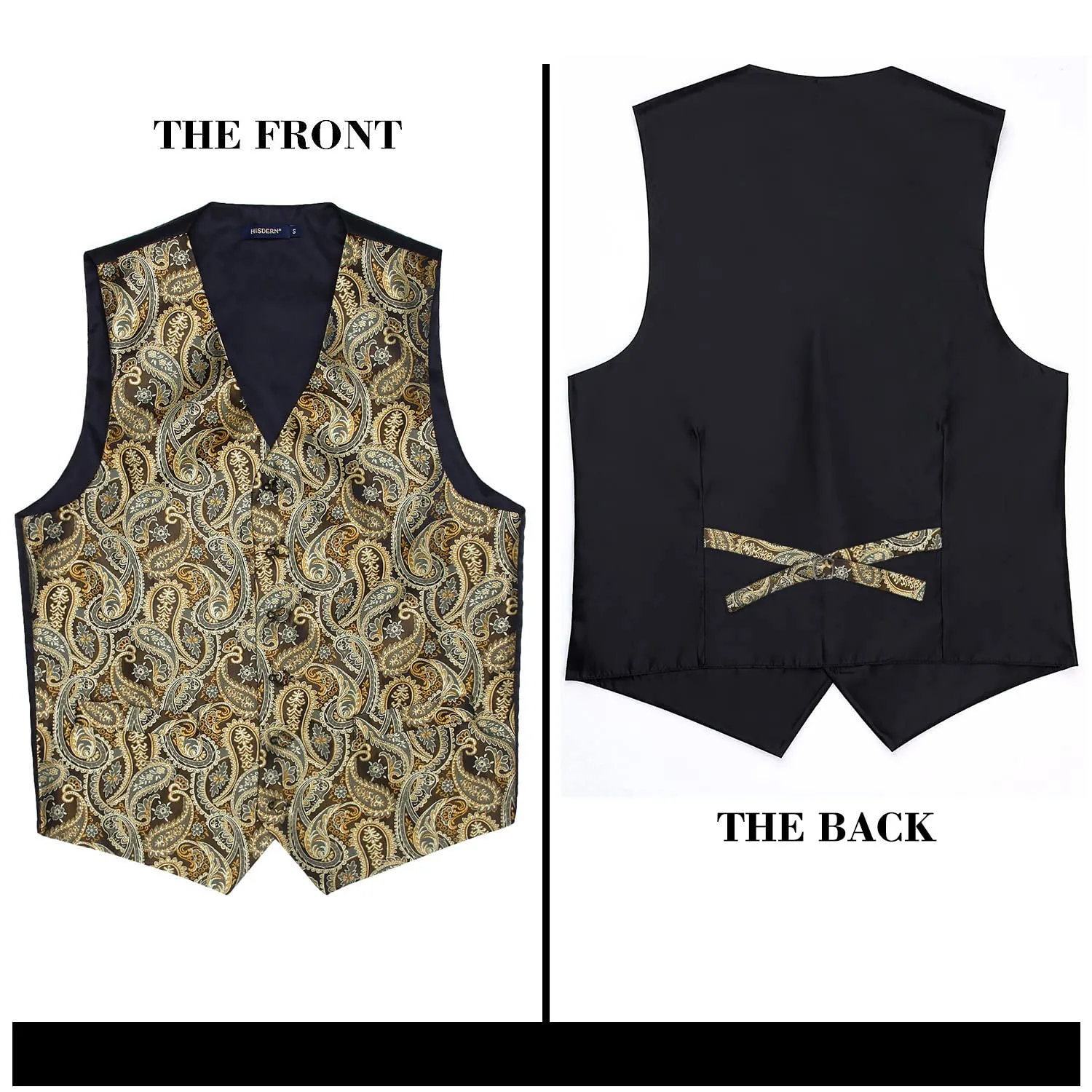 HISDERN Paisley Jacquard Gilet, Cravatta e Fazzoletto da Taschino Set - Oro, S - immagine 3