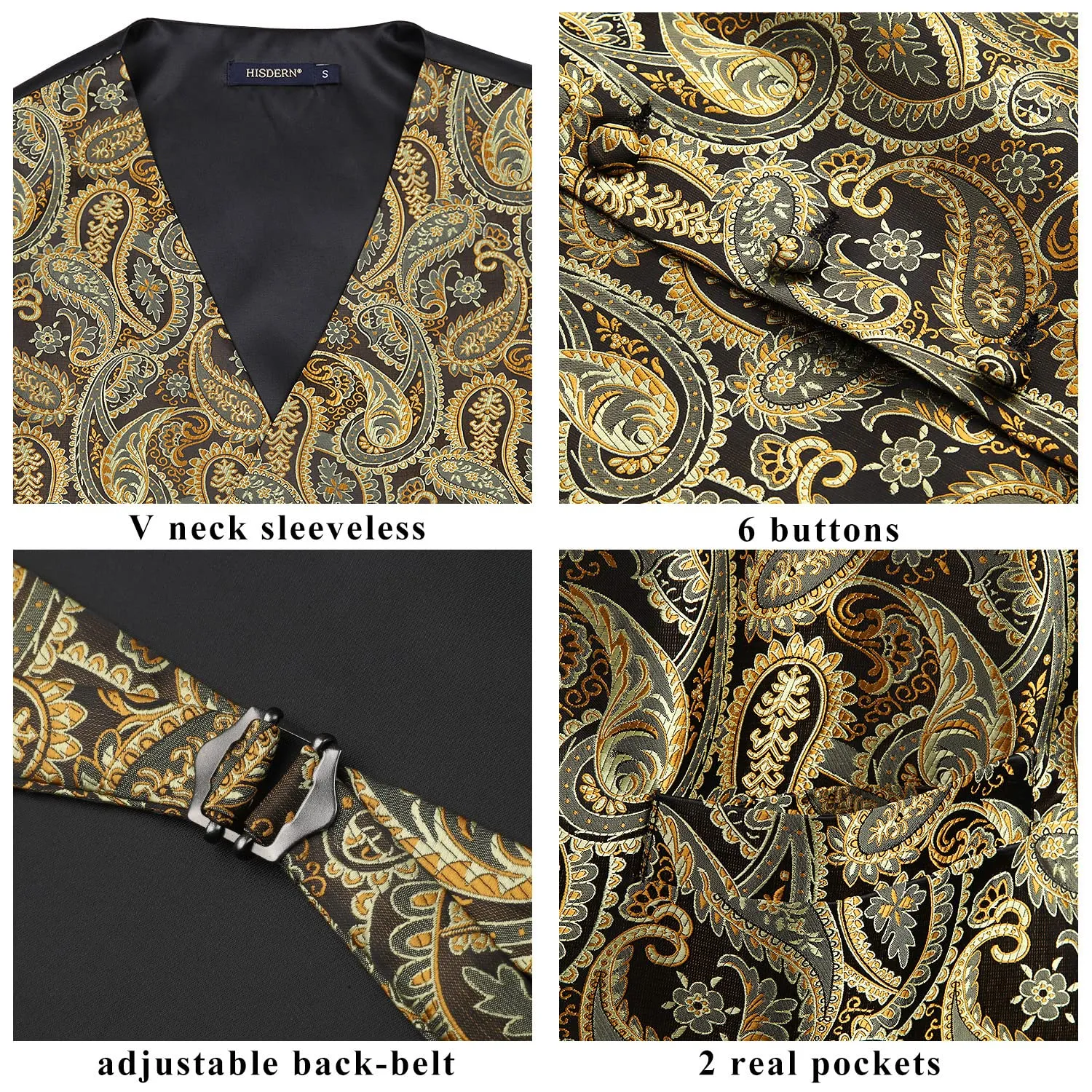 HISDERN Paisley Jacquard Gilet, Cravatta e Fazzoletto da Taschino Set - Oro, S - immagine 4