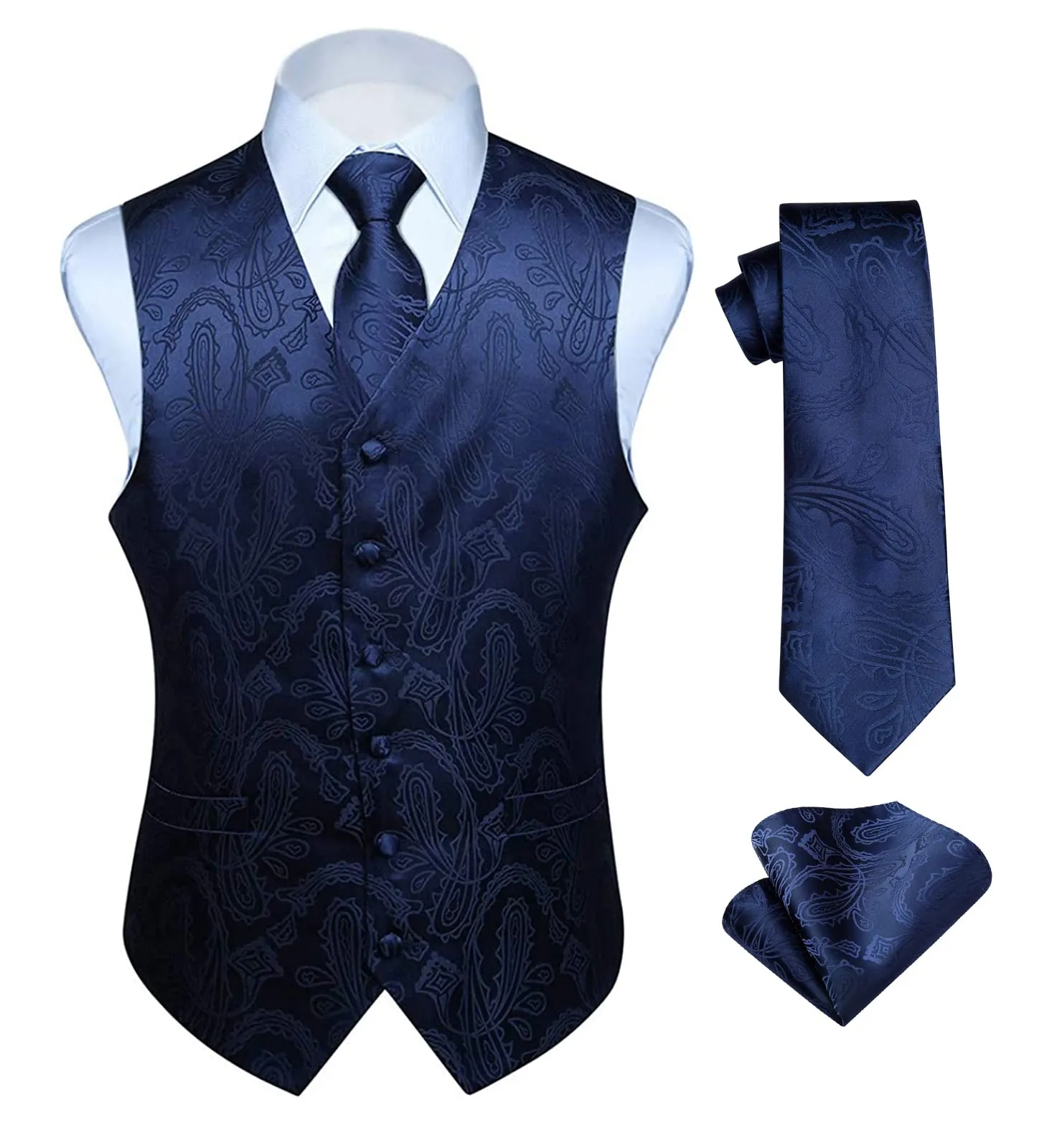 HISDERN Paisley Jacquard Gilet, Cravatta e Fazzoletto da Taschino Set - Blu Navy, 4XL - immagine 1