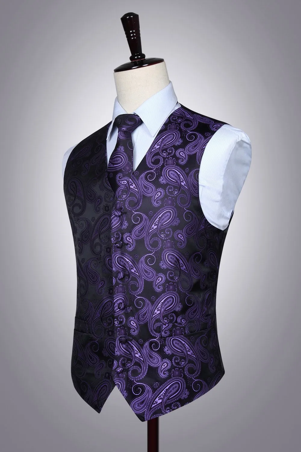 HISDERN Paisley Jacquard Gilet, Cravatta e Fazzoletto da Taschino Set - Viola e Nero - XXL - immagine 8