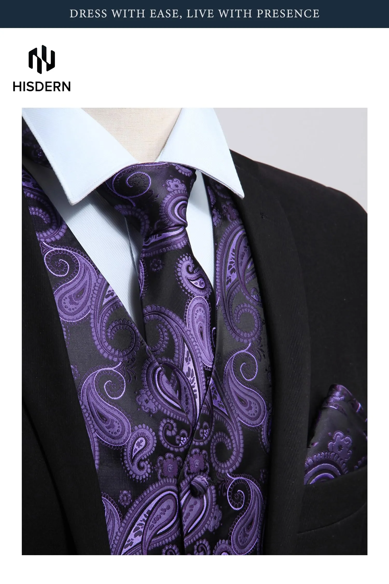 HISDERN Paisley Jacquard Gilet, Cravatta e Fazzoletto da Taschino Set - Viola e Nero - 4XL - immagine 2