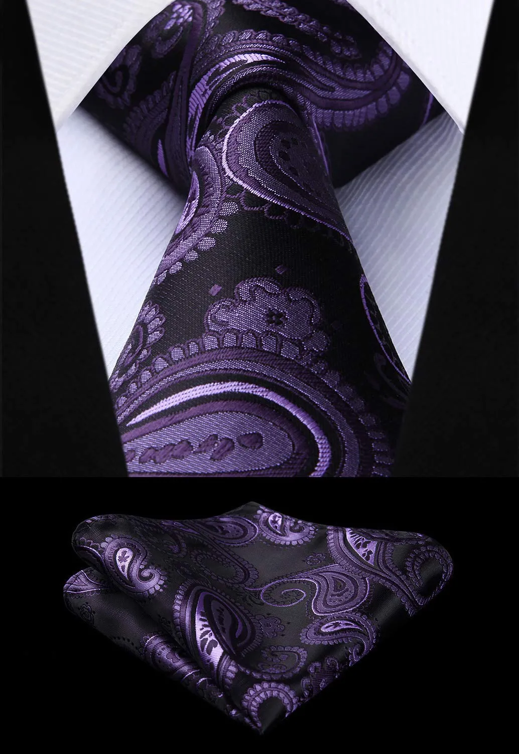 HISDERN Paisley Jacquard Gilet, Cravatta e Fazzoletto da Taschino Set - Viola e Nero - 4XL - immagine 7