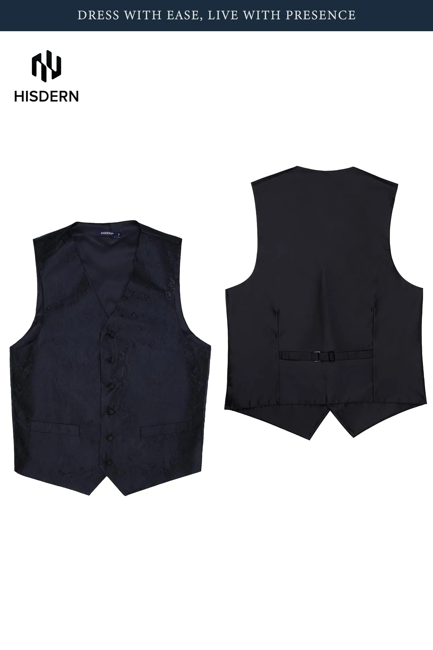 HISDERN Paisley Jacquard Gilet, Tie and Pocket Square Set, Black-2, XL - immagine 6