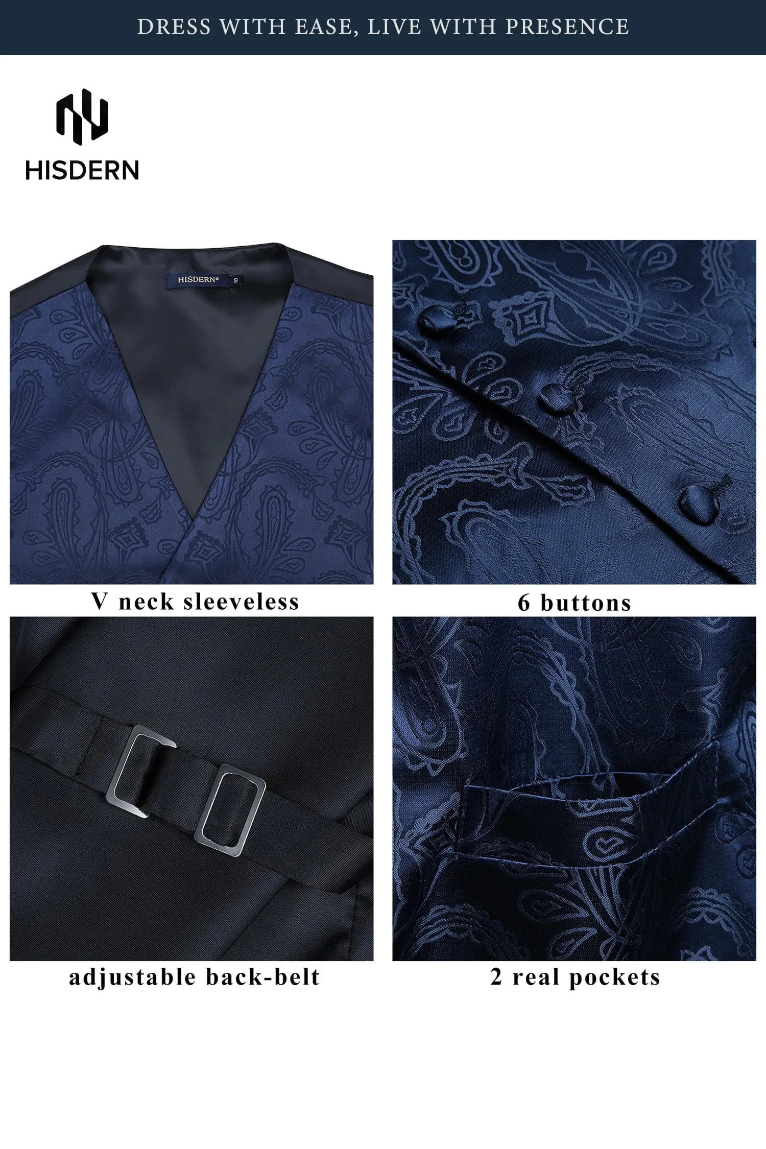 HISDERN Paisley Jacquard Gilet, Tie and Pocket Square Set - immagine 3
