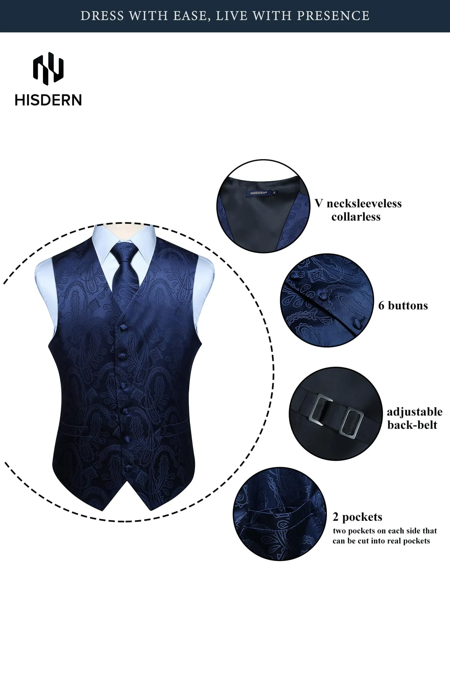 HISDERN Paisley Jacquard Gilet, Tie and Pocket Square Set - immagine 4