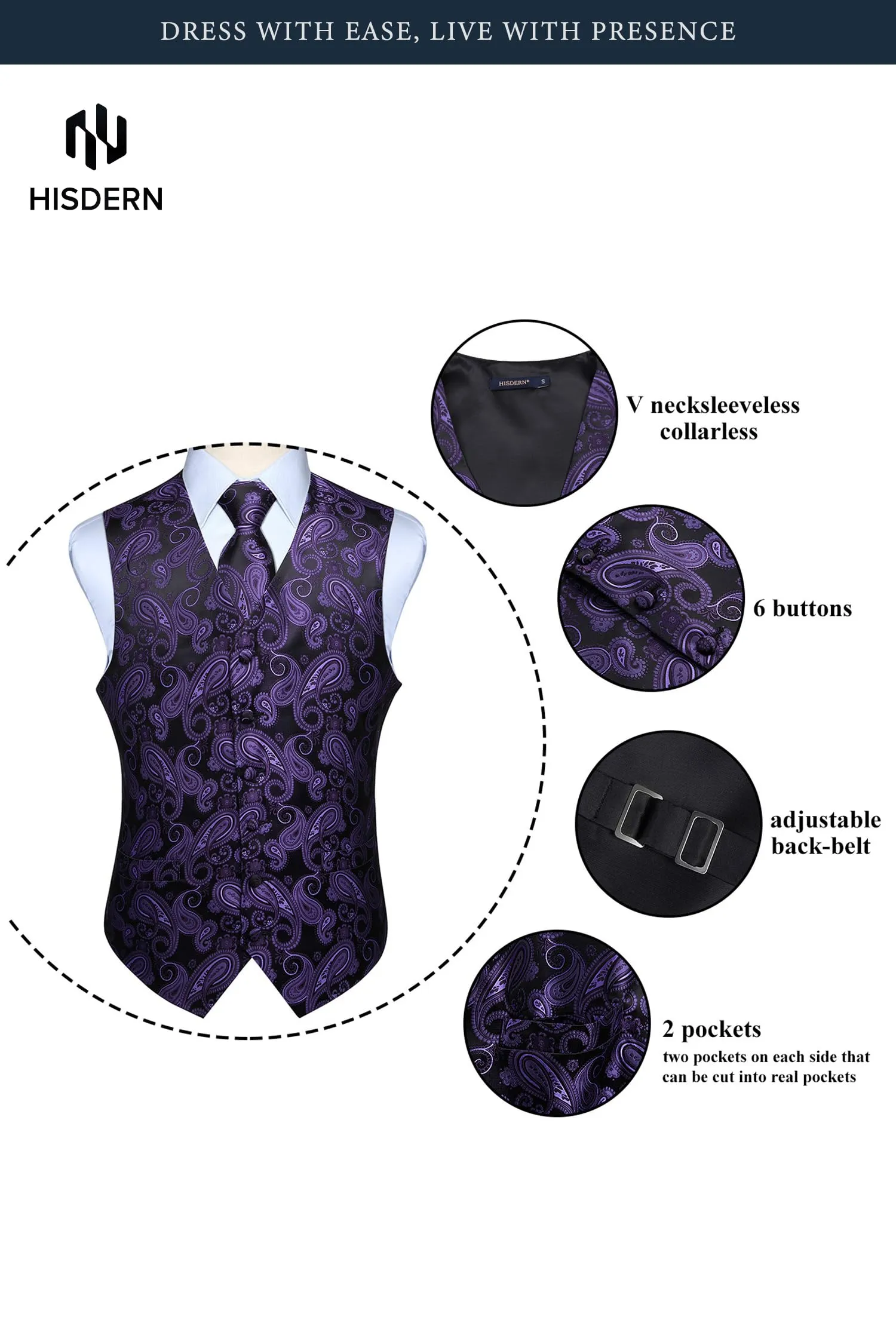 HISDERN Paisley Jacquard Gilet, Cravatta e Fazzoletto da Taschino Set, Viola e Nero, XL - immagine 4