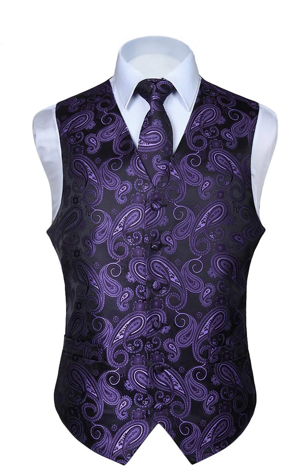 HISDERN Paisley Jacquard Gilet, Cravatta e Fazzoletto da Taschino Set, Viola e Nero, XL - immagine 9