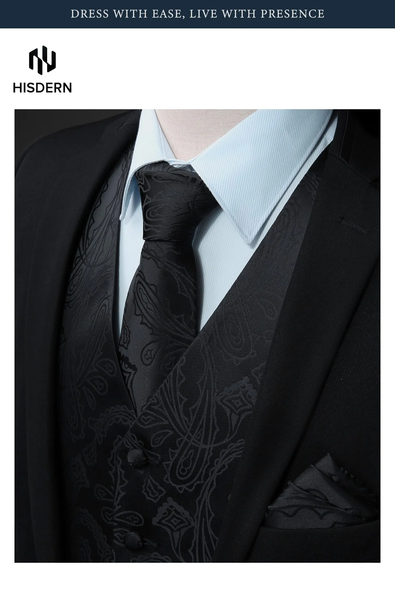 HISDERN Paisley Jacquard Gilet, Cravatta e Fazzoletto da Taschino Set - immagine 4