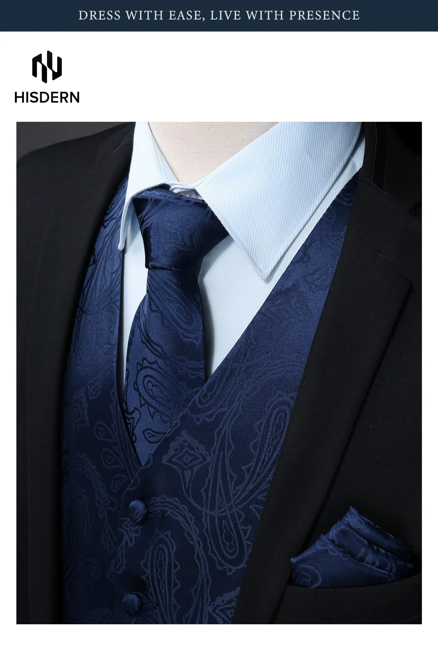 HISDERN Paisley Jacquard Gilet, Tie and Pocket Square Set - immagine 2