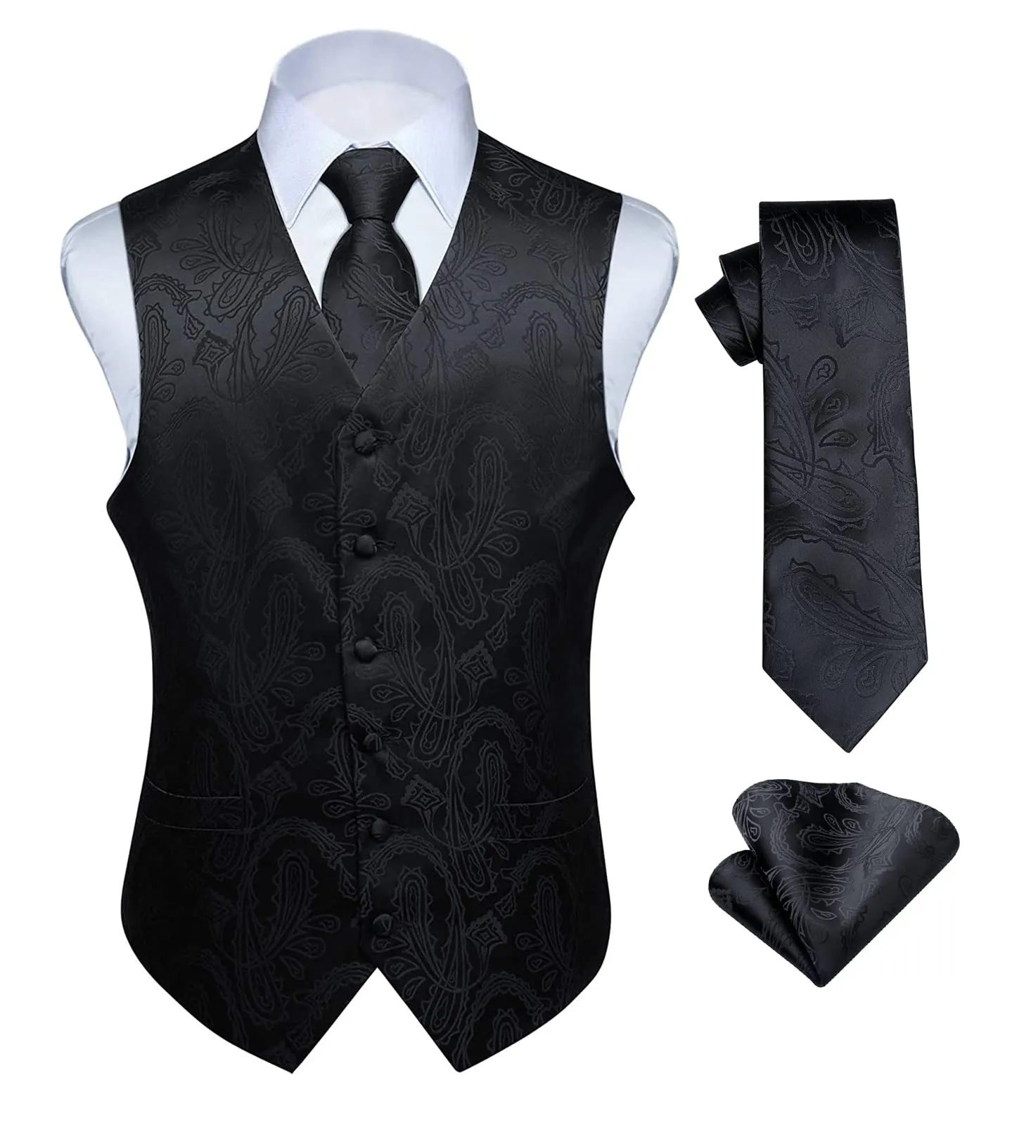 HISDERN Paisley Jacquard Gilet, Tie and Pocket Square Set - immagine 1