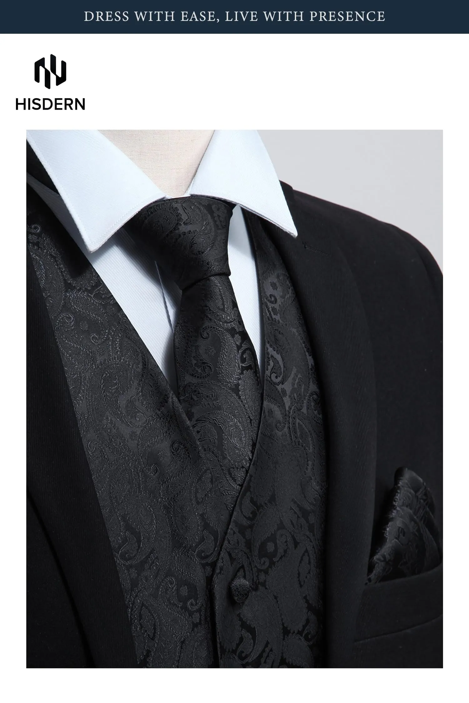 HISDERN Paisley Jacquard Gilet, Tie and Pocket Square Set - immagine 2