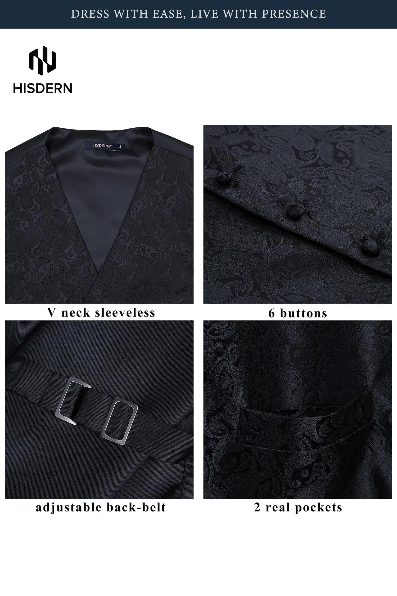 HISDERN Paisley Jacquard Gilet, Tie and Pocket Square Set - immagine 3