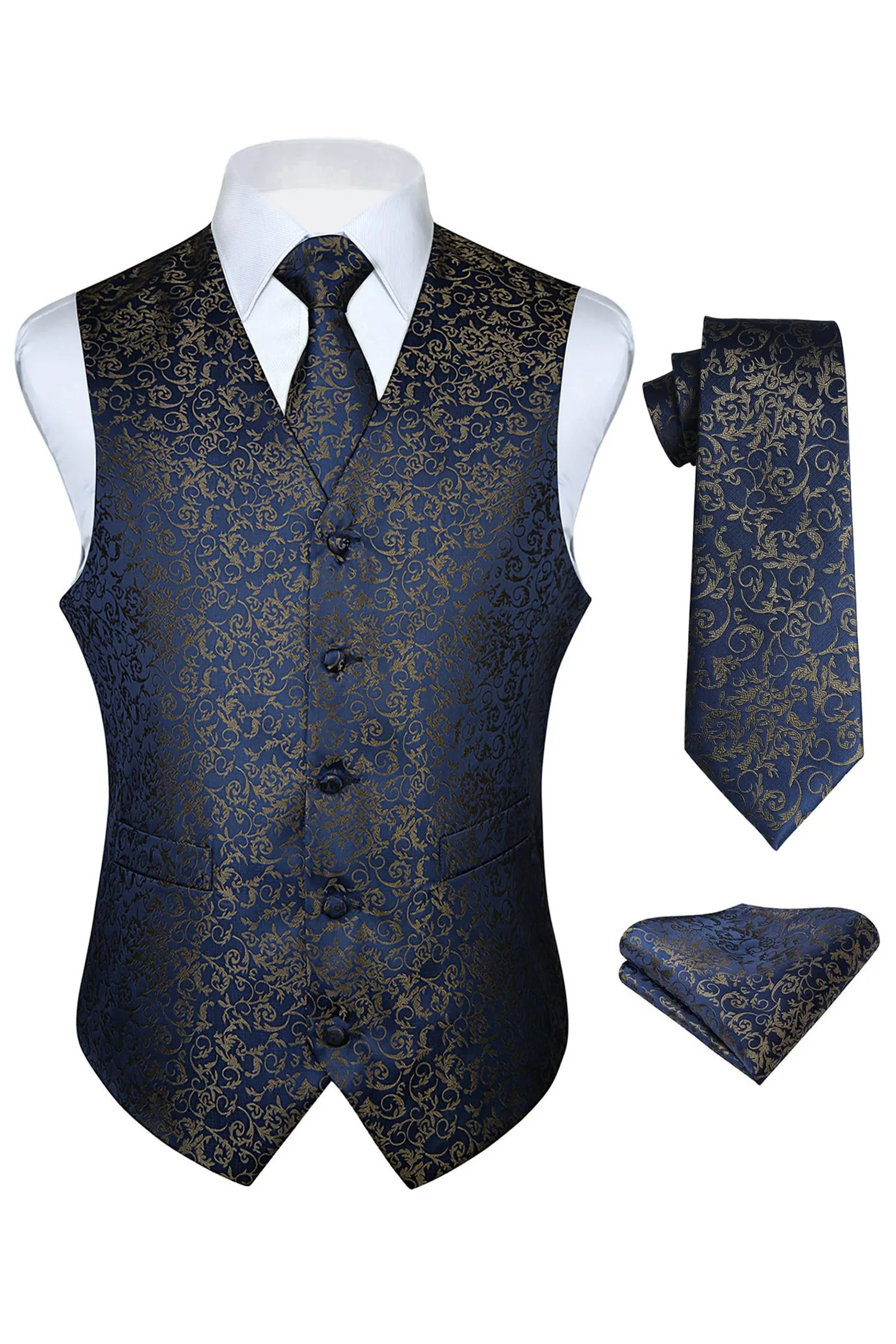 HISDERN Gilet da uomo Paisley jacquard con cravatta e fazzoletto, Blu navy - immagine 1