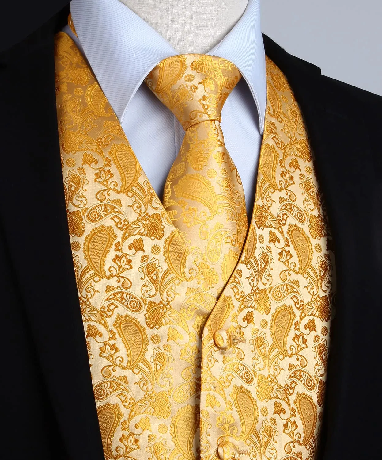 HISDERN Gilet da Uomo Paisley Jacquard con Cravatta e Fazzoletto - Giallo - immagine 3