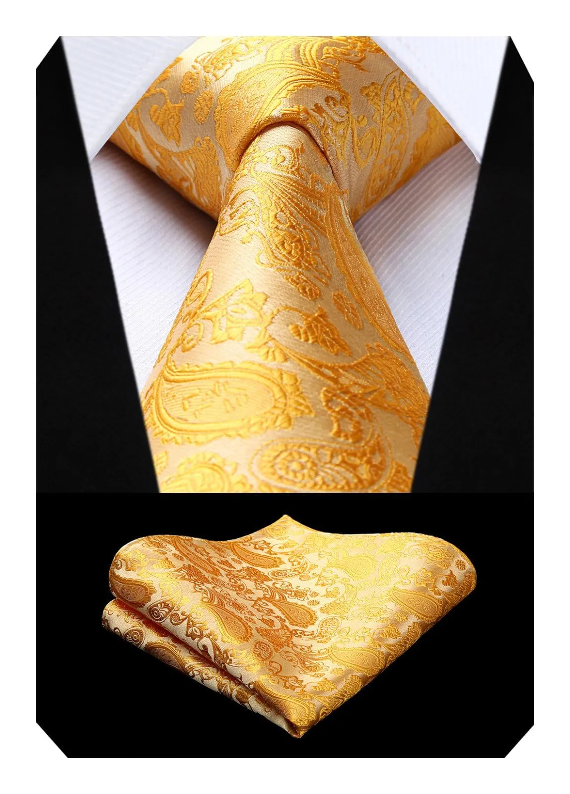 HISDERN Set Gilet da Uomo in Jacquard Paisley Giallo con Cravatta e Fazzoletto da Tasca - immagine 2